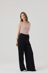 100% Cotton Wide Leg Fray Hem Sweatpants - Black