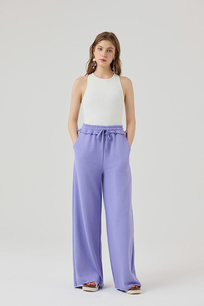 100% Cotton Wide Leg Fray Hem Sweatpants - Vivid Lilic