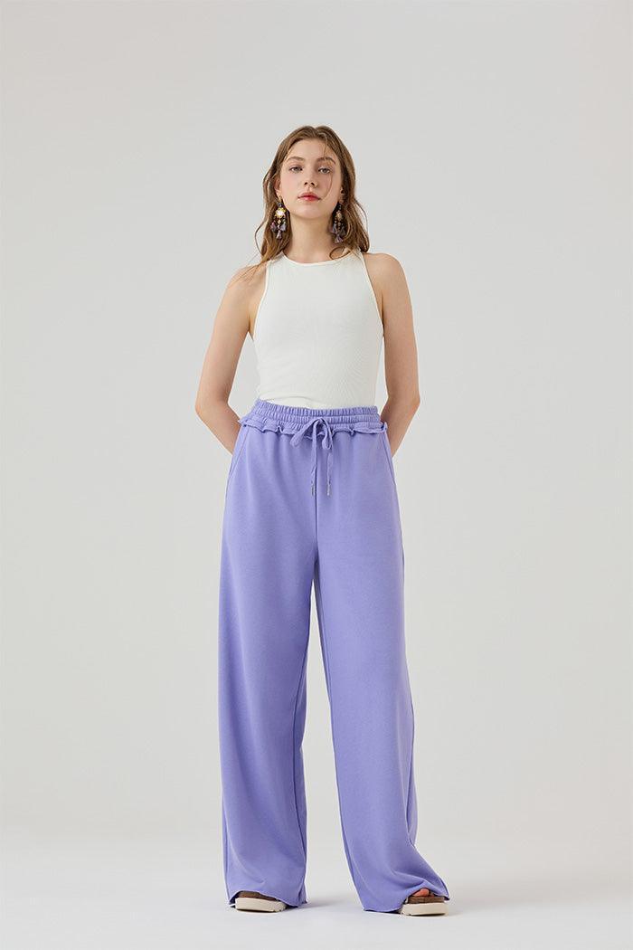 100% Cotton Wide Leg Fray Hem Sweatpants - Vivid Lilic