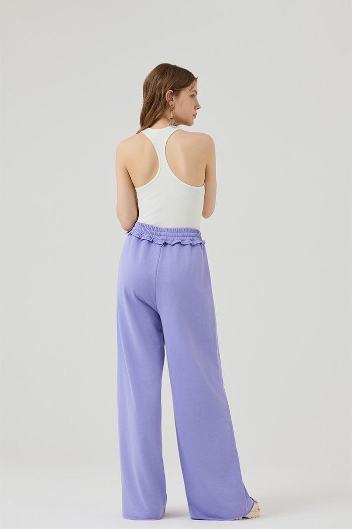 100% Cotton Wide Leg Fray Hem Sweatpants - Vivid Lilic