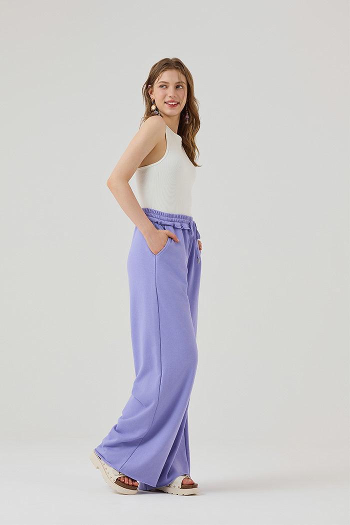 100% Cotton Wide Leg Fray Hem Sweatpants - Vivid Lilic