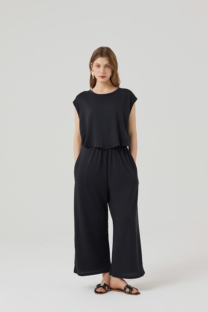 Open Front Wide Leg Jumpsuit - Black