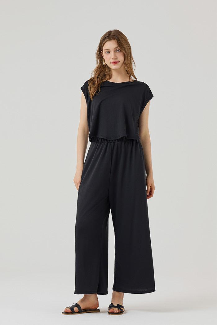 Open Front Wide Leg Jumpsuit - Black