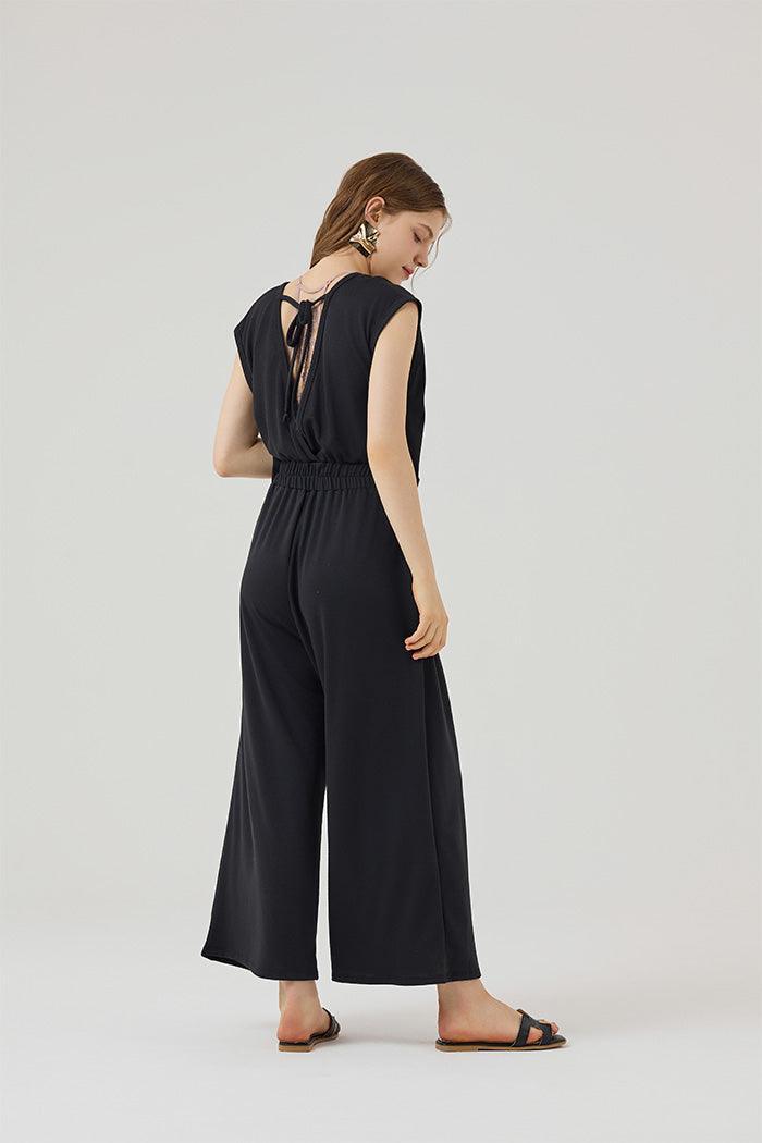 Open Front Wide Leg Jumpsuit - Black