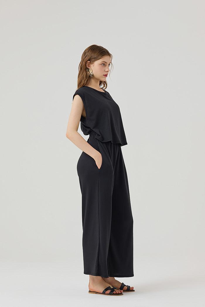 Open Front Wide Leg Jumpsuit - Black