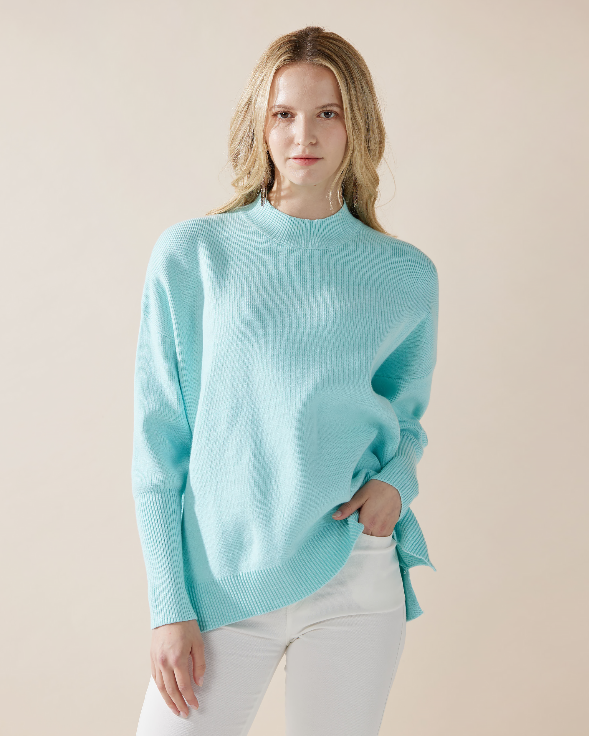 Aqua Mint Mock Neck Balloon Sleeve Sweater
