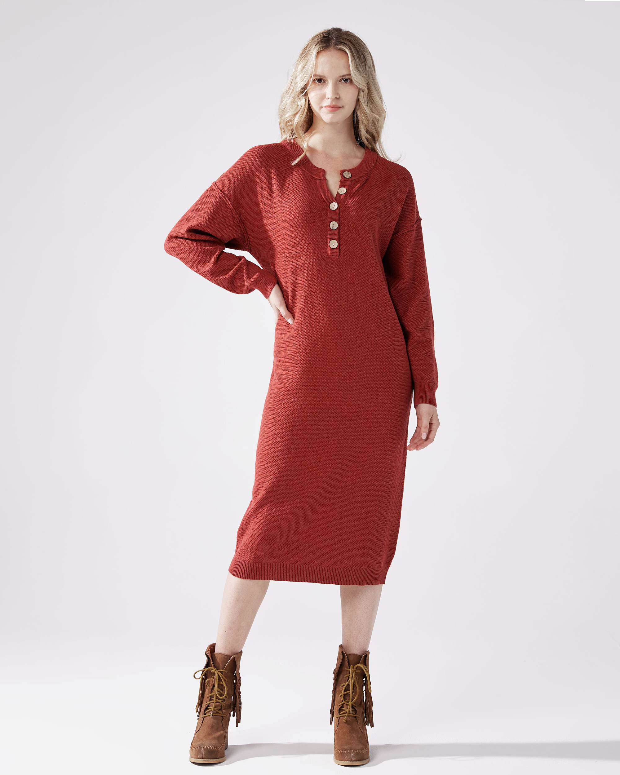 Brick Midi Sweater Dress with Buttons