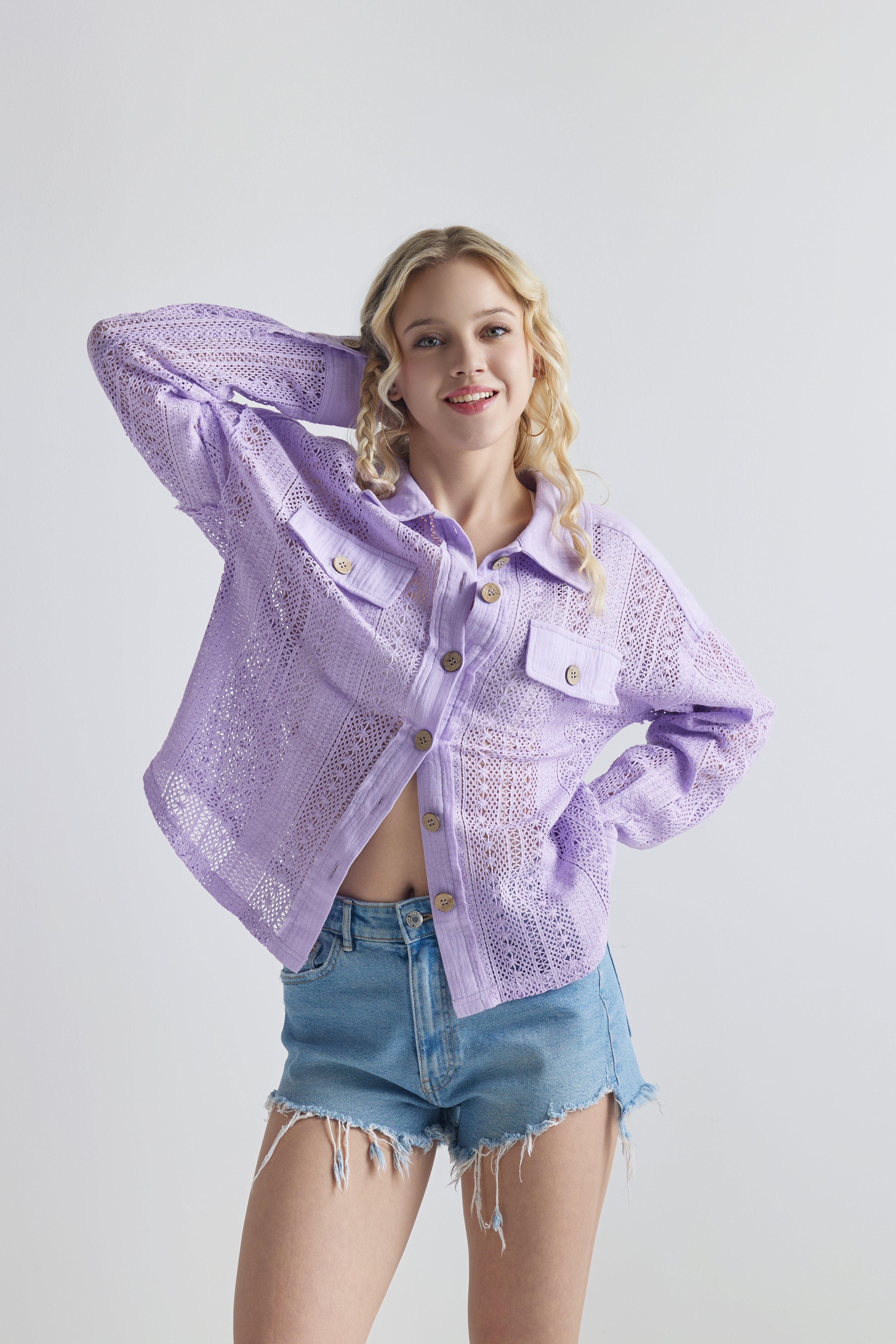 100% Cotton Boho Crochet Lace Button Down Shacket - Lavender - noflik