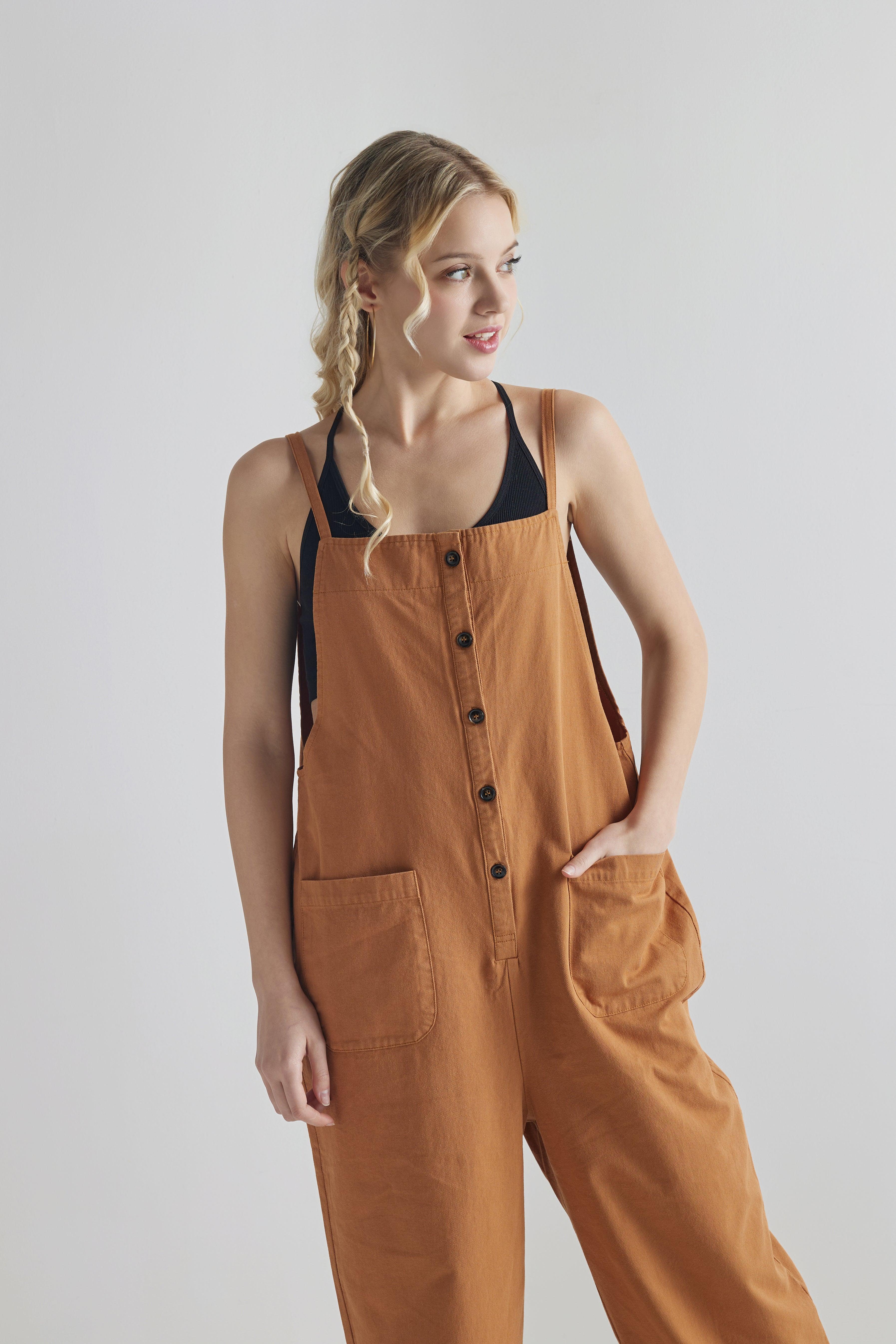 100% cotton Button Down Sleeveless Overalls Jumpsuit with Pockets - Camel - noflik
