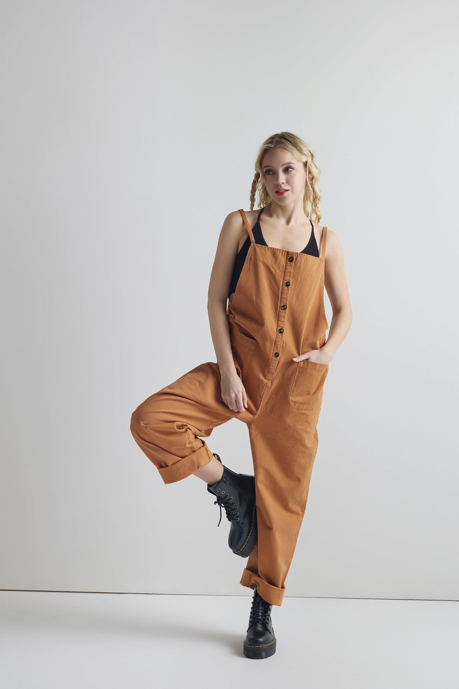 100% cotton Button Down Sleeveless Overalls Jumpsuit with Pockets - Camel - noflik