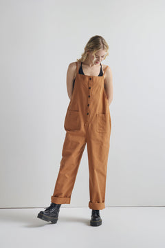 100% cotton Button Down Sleeveless Overalls Jumpsuit with Pockets - Camel - noflik