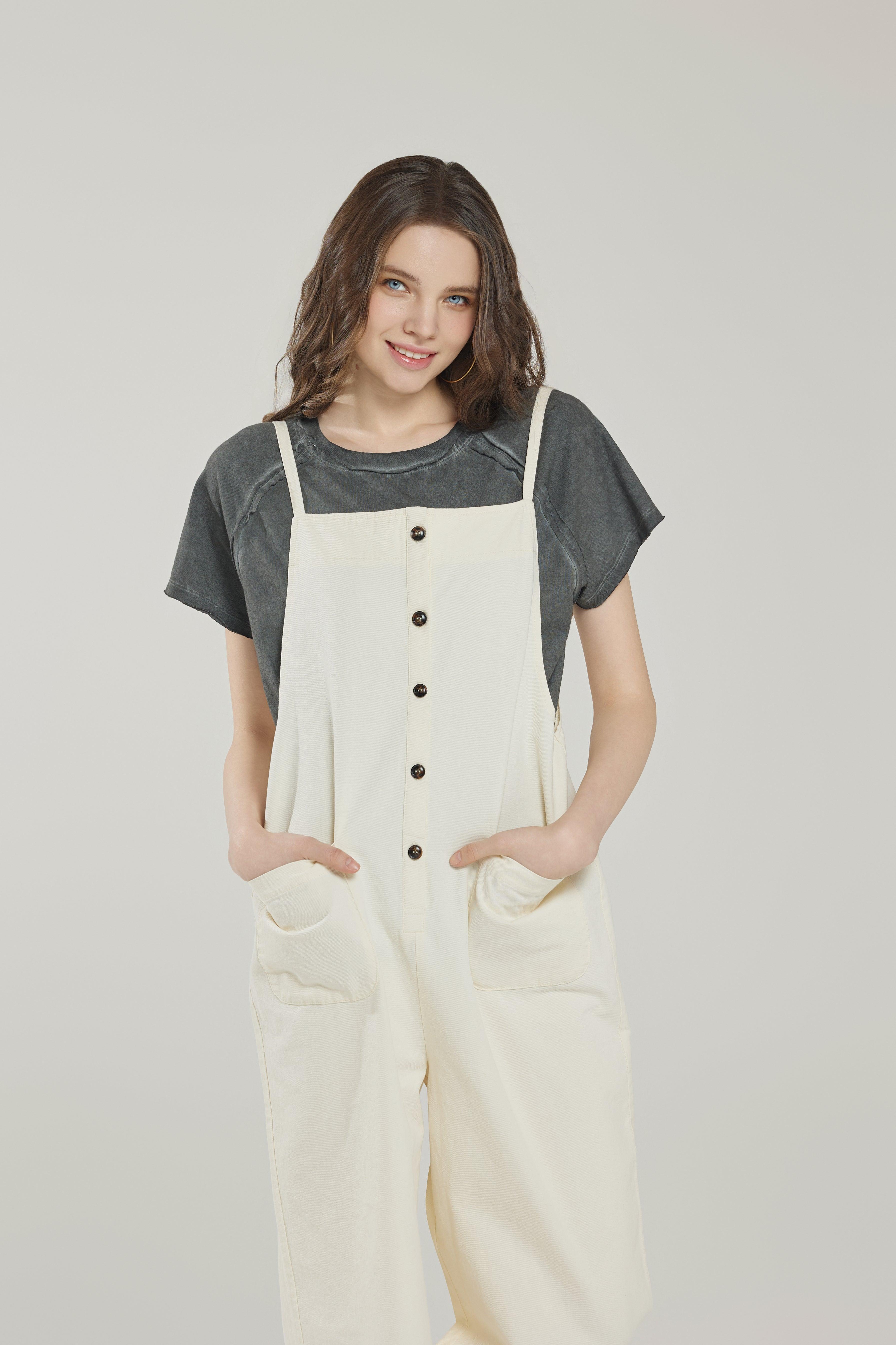 100% cotton Button Down Sleeveless Overalls Jumpsuit with Pockets - Cream - noflik