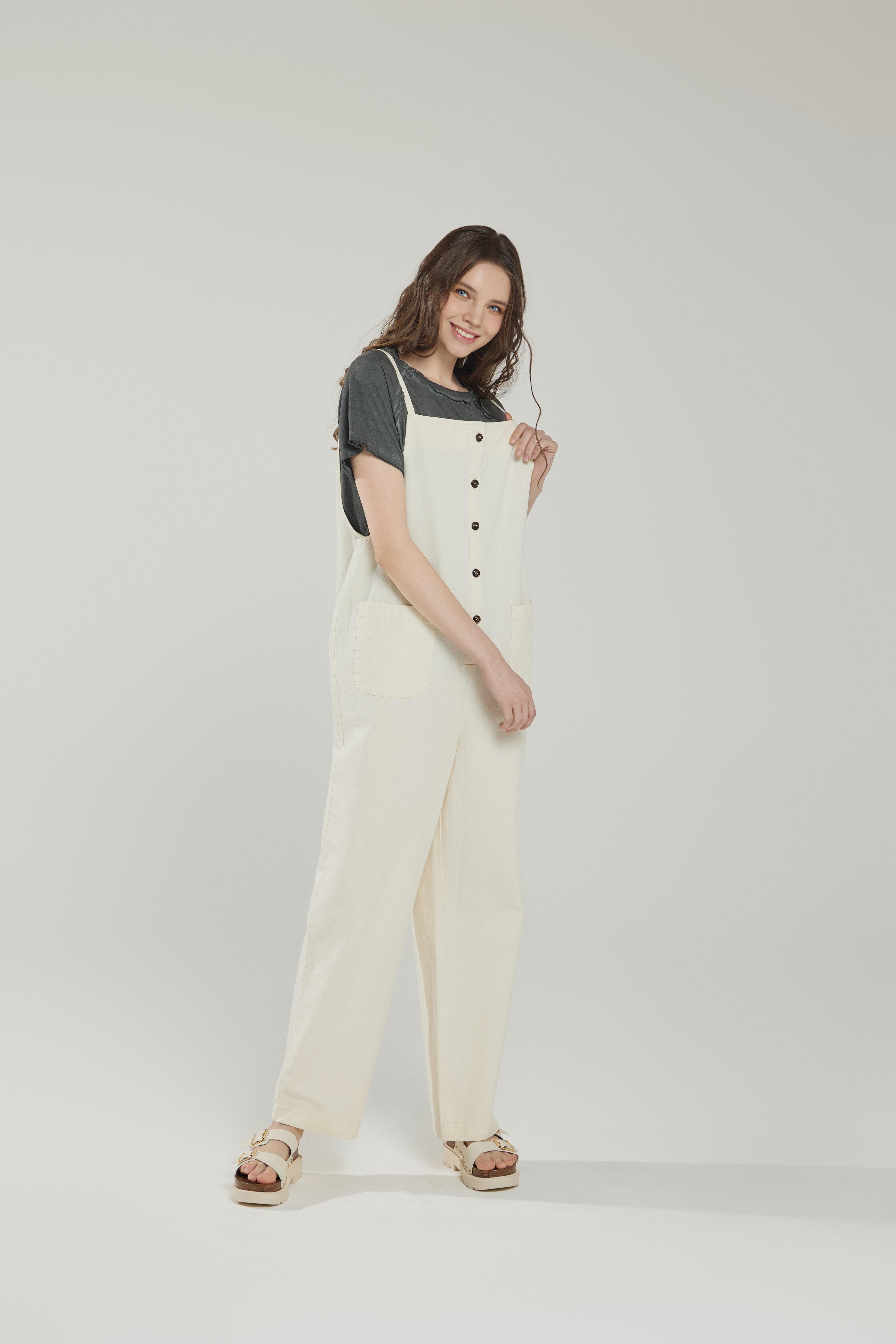 100% cotton Button Down Sleeveless Overalls Jumpsuit with Pockets - Cream - noflik