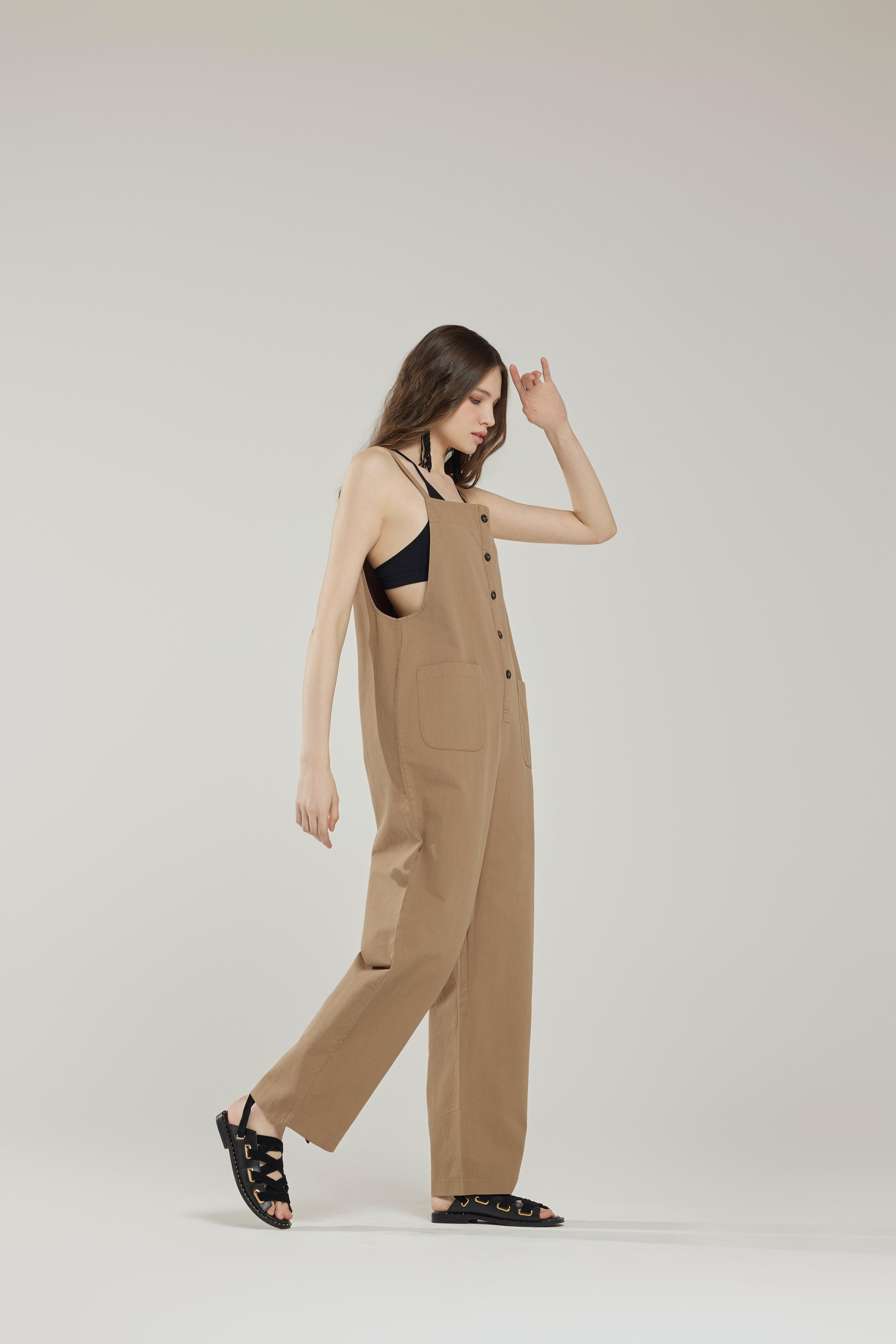 100% cotton Button Down Sleeveless Overalls Jumpsuit with Pockets - Mocha - noflik