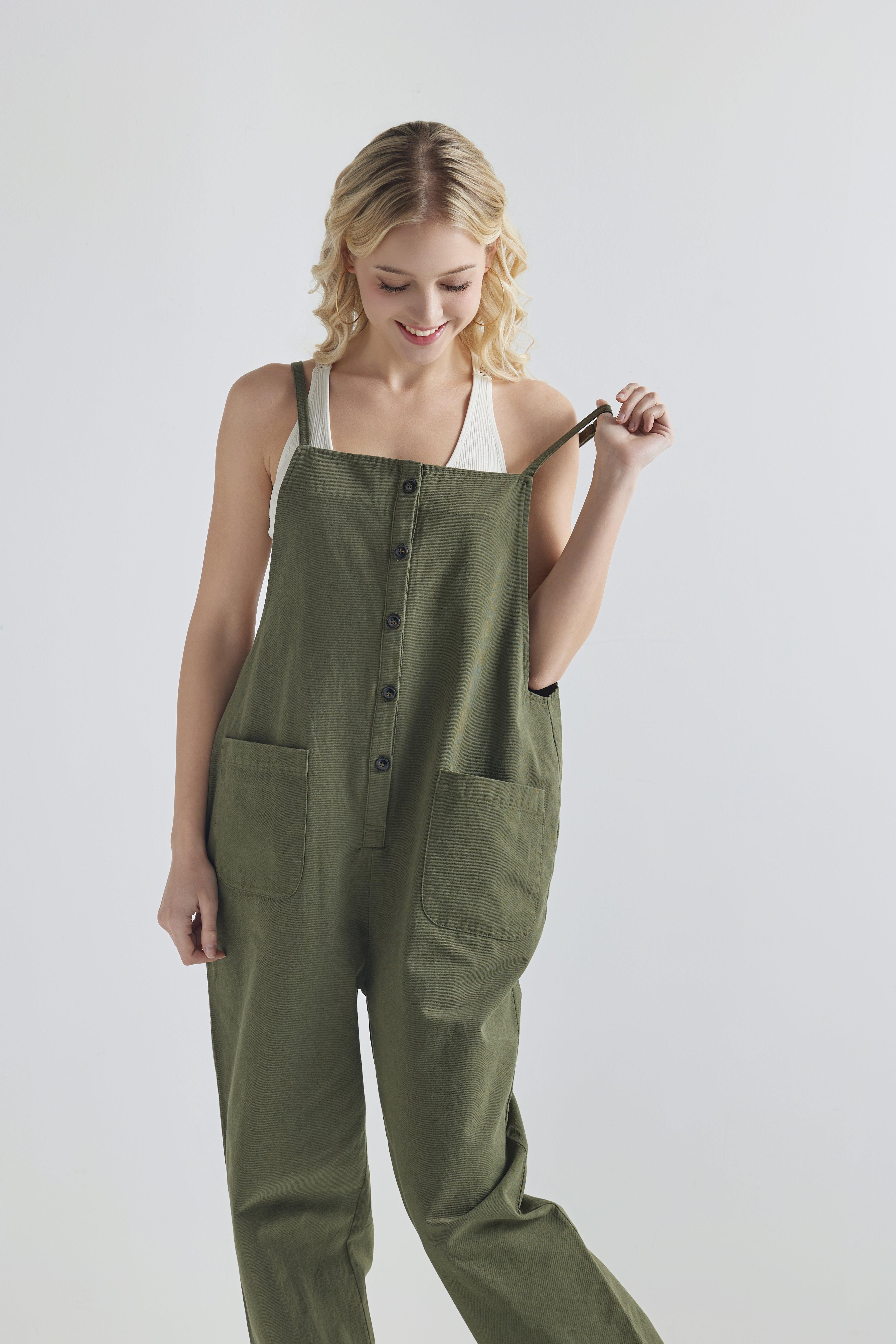 100% cotton Button Down Sleeveless Overalls Jumpsuit with Pockets - Olive - noflik