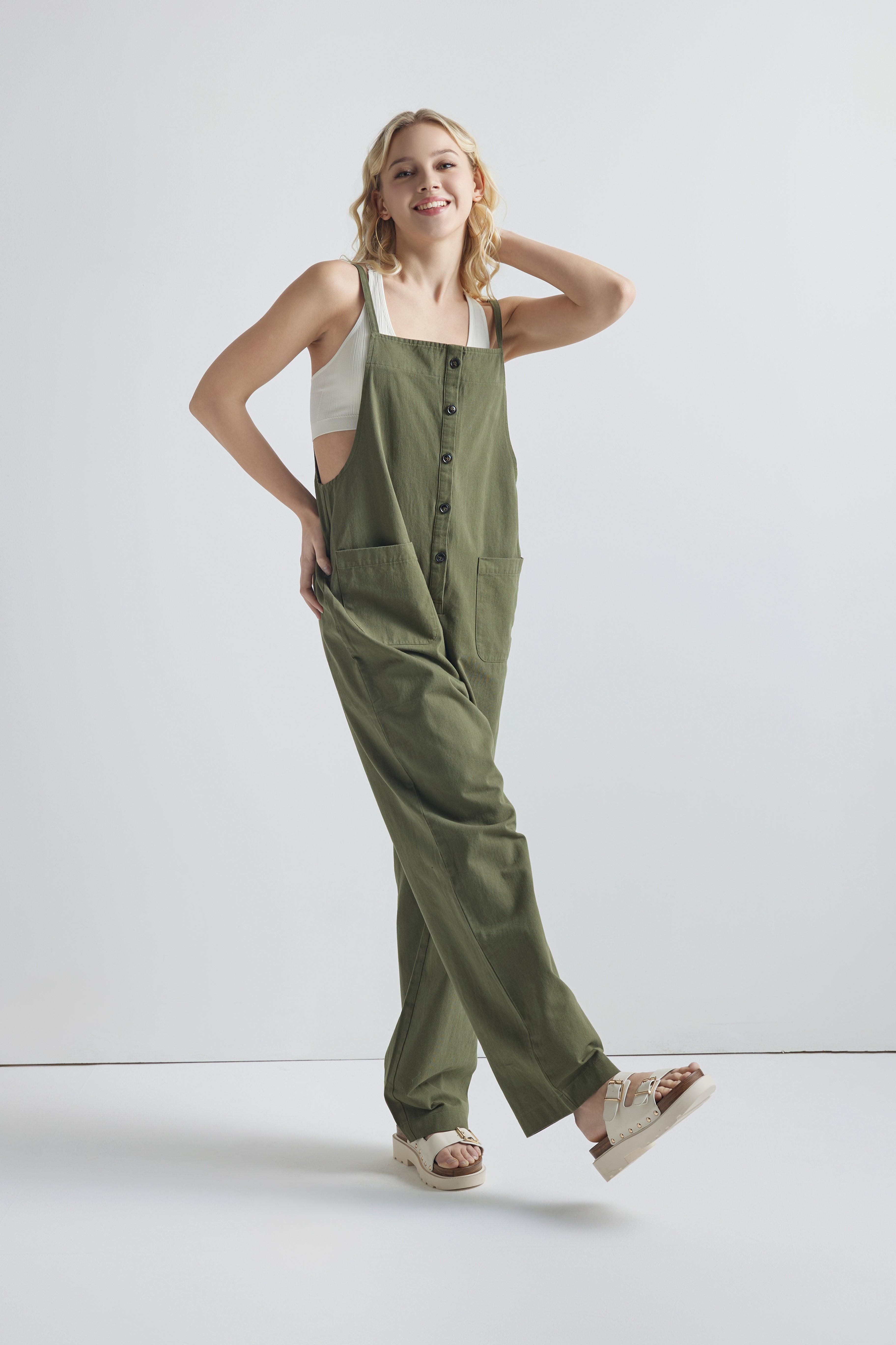 100% cotton Button Down Sleeveless Overalls Jumpsuit with Pockets - Olive - noflik