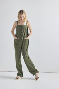 100% cotton Button Down Sleeveless Overalls Jumpsuit with Pockets - Olive - noflik