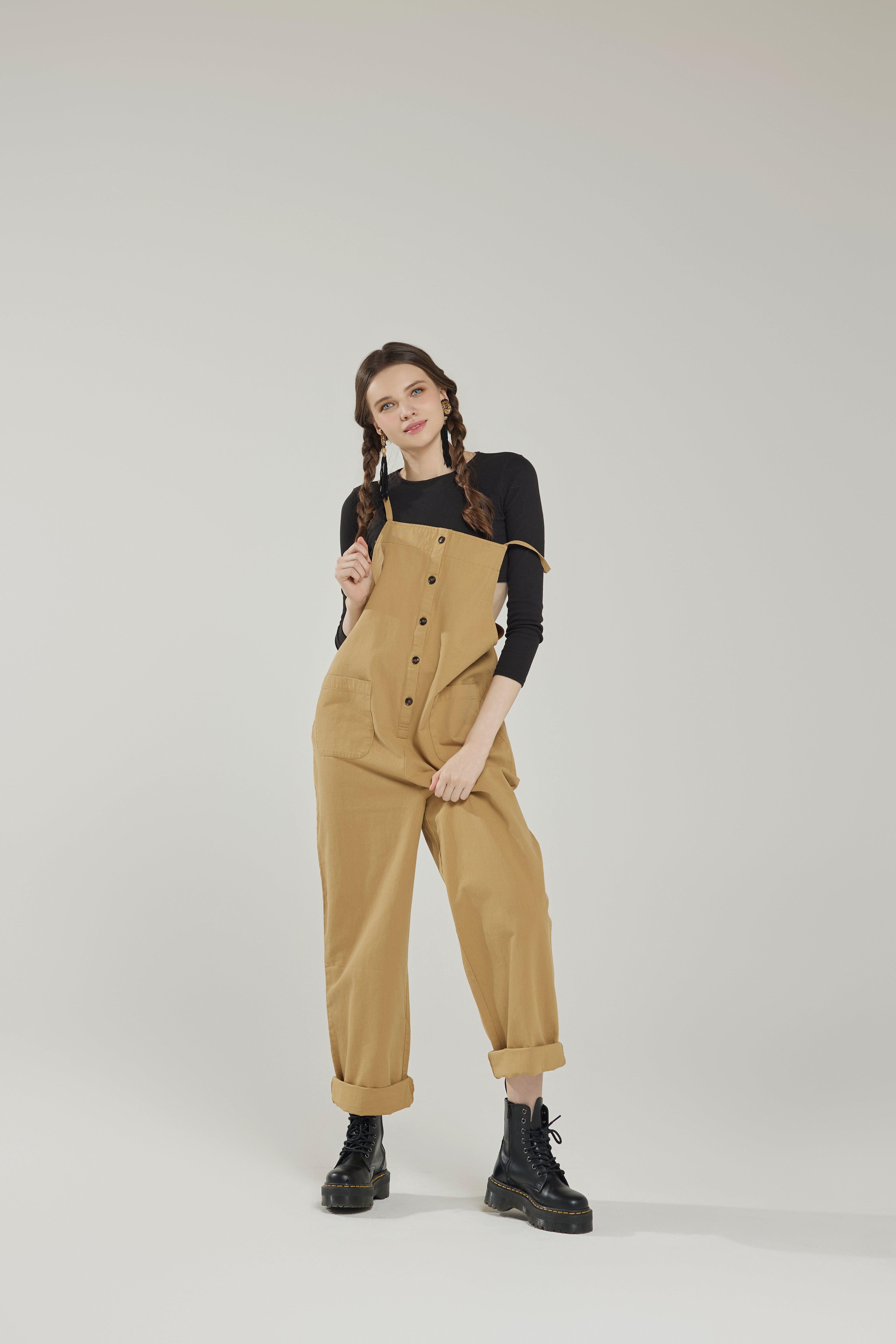 100% cotton Button Down Sleeveless Overalls Jumpsuit with Pockets - Sand - noflik