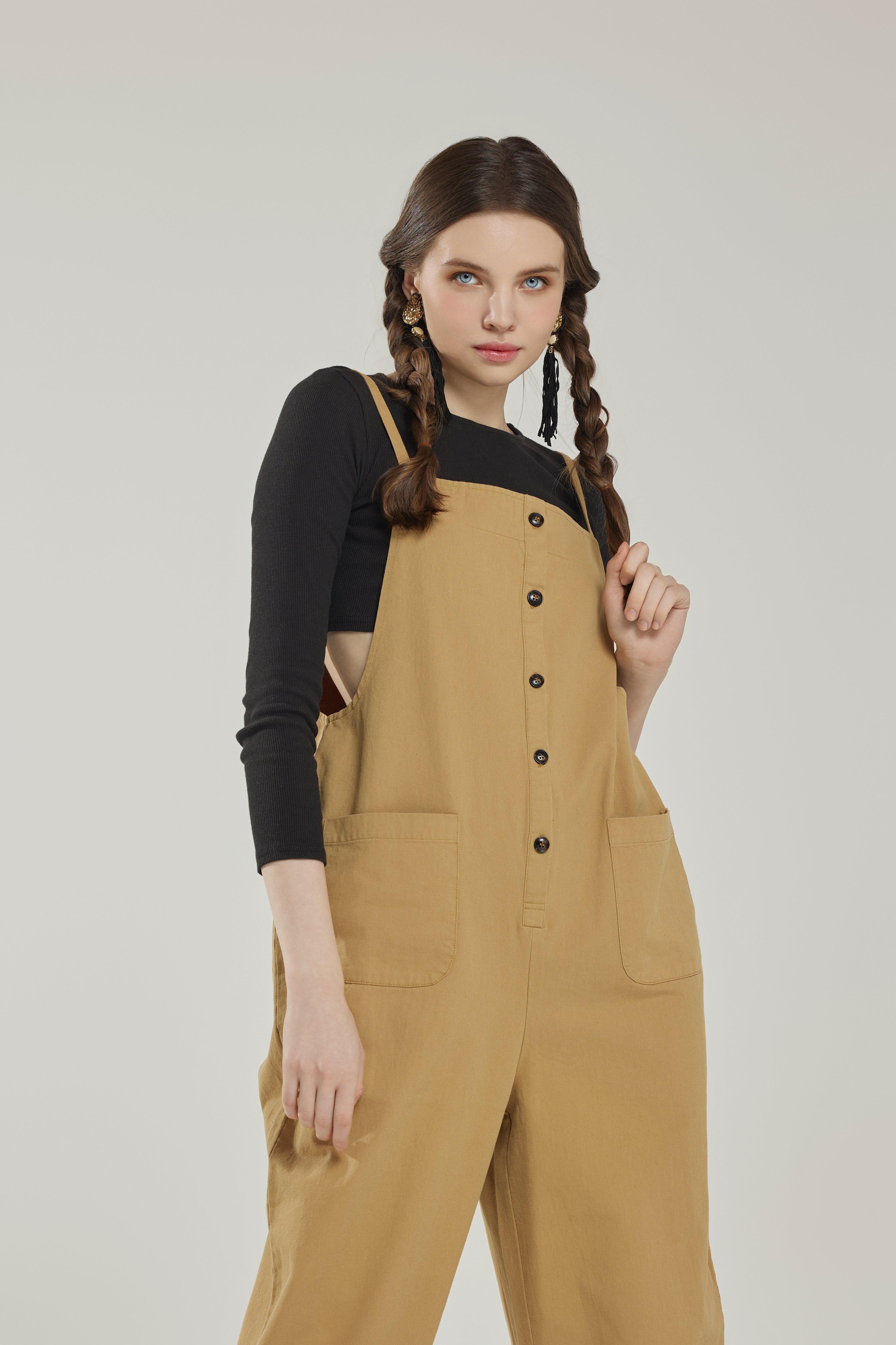 100% cotton Button Down Sleeveless Overalls Jumpsuit with Pockets - Sand - noflik