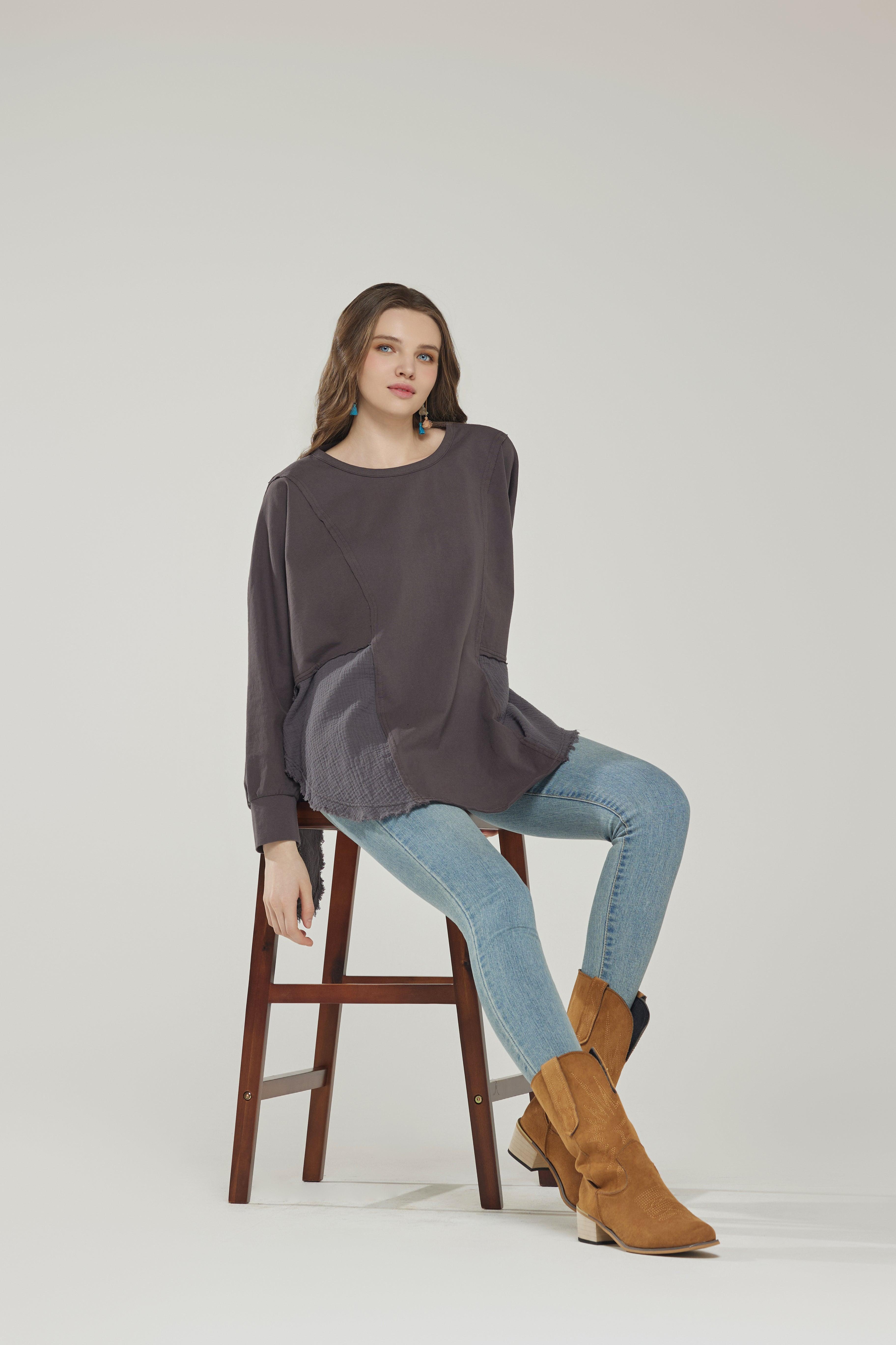 100% Cotton Comfy Oversized Round Side Slit Contrast Top - Charcoal - noflik