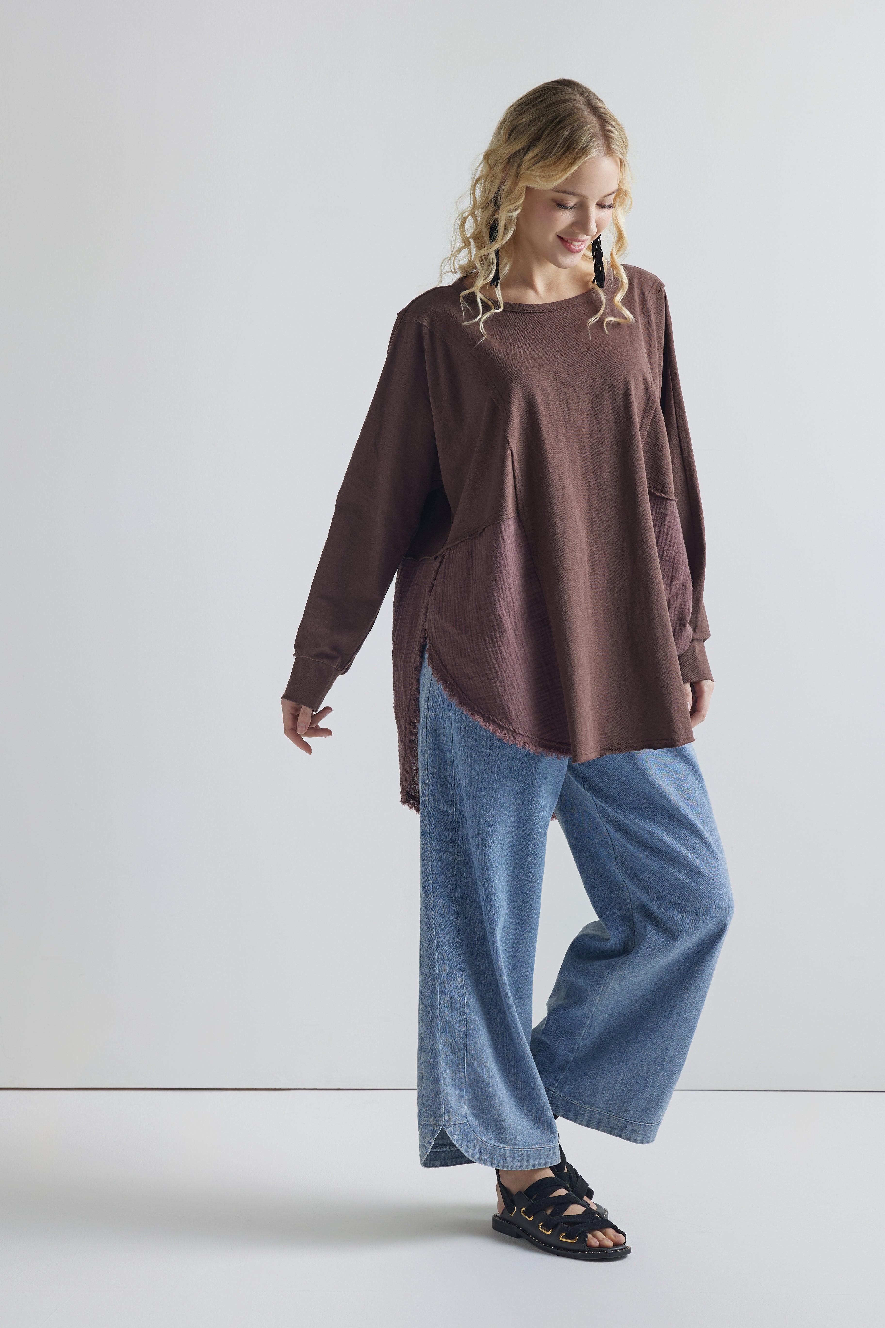 100% Cotton Comfy Oversized Round Side Slit Contrast Top - Chocolate - noflik