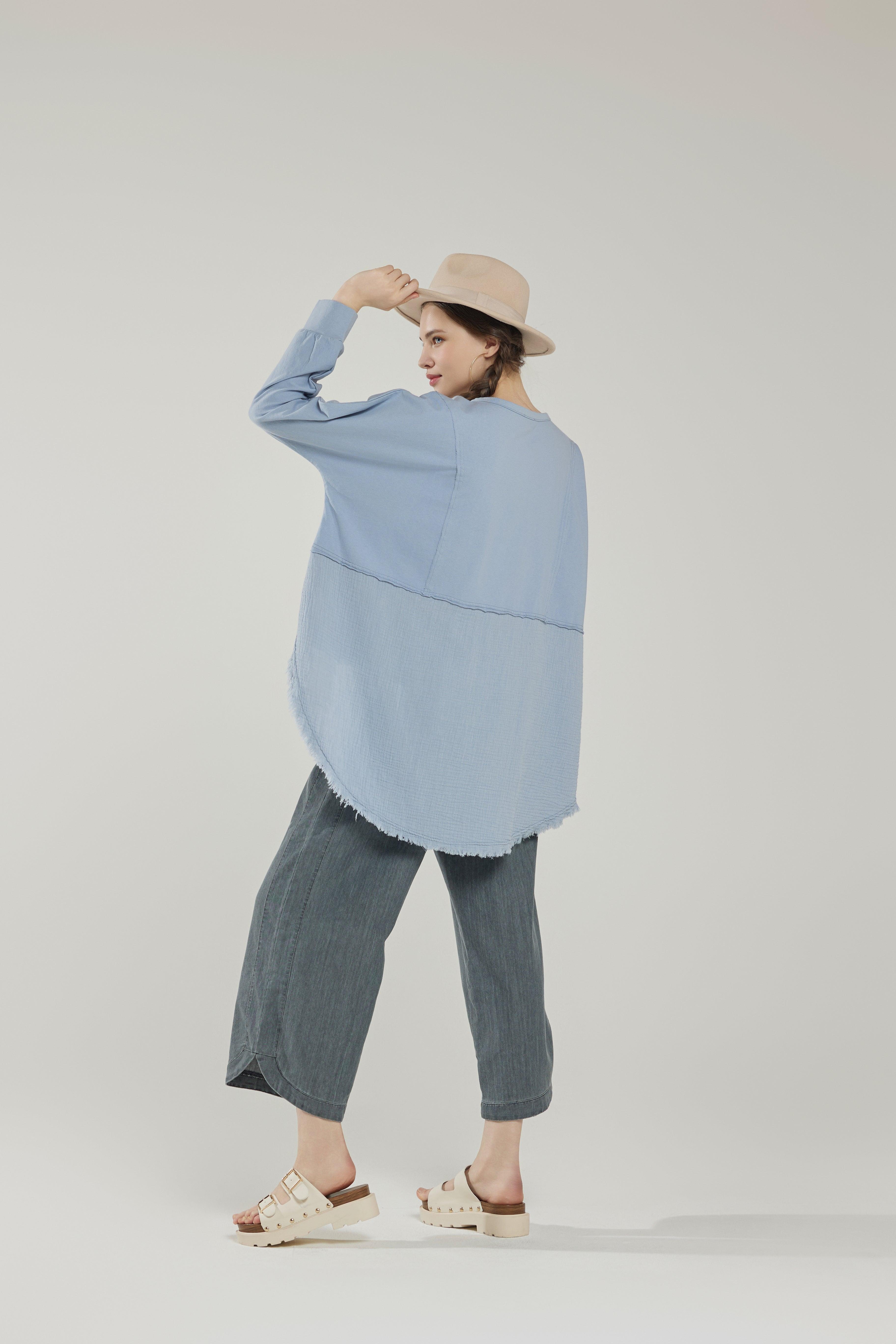 100% Cotton Comfy Oversized Round Side Slit Contrast Top - French Blue - noflik