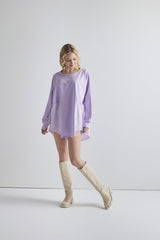 100% Cotton Comfy Oversized Round Side Slit Contrast Top - Lavender - noflik