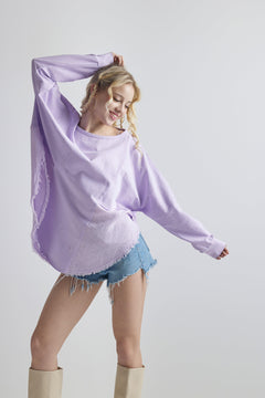 100% Cotton Comfy Oversized Round Side Slit Contrast Top - Lavender - noflik