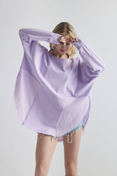 100% Cotton Comfy Oversized Round Side Slit Contrast Top - Lavender - noflik