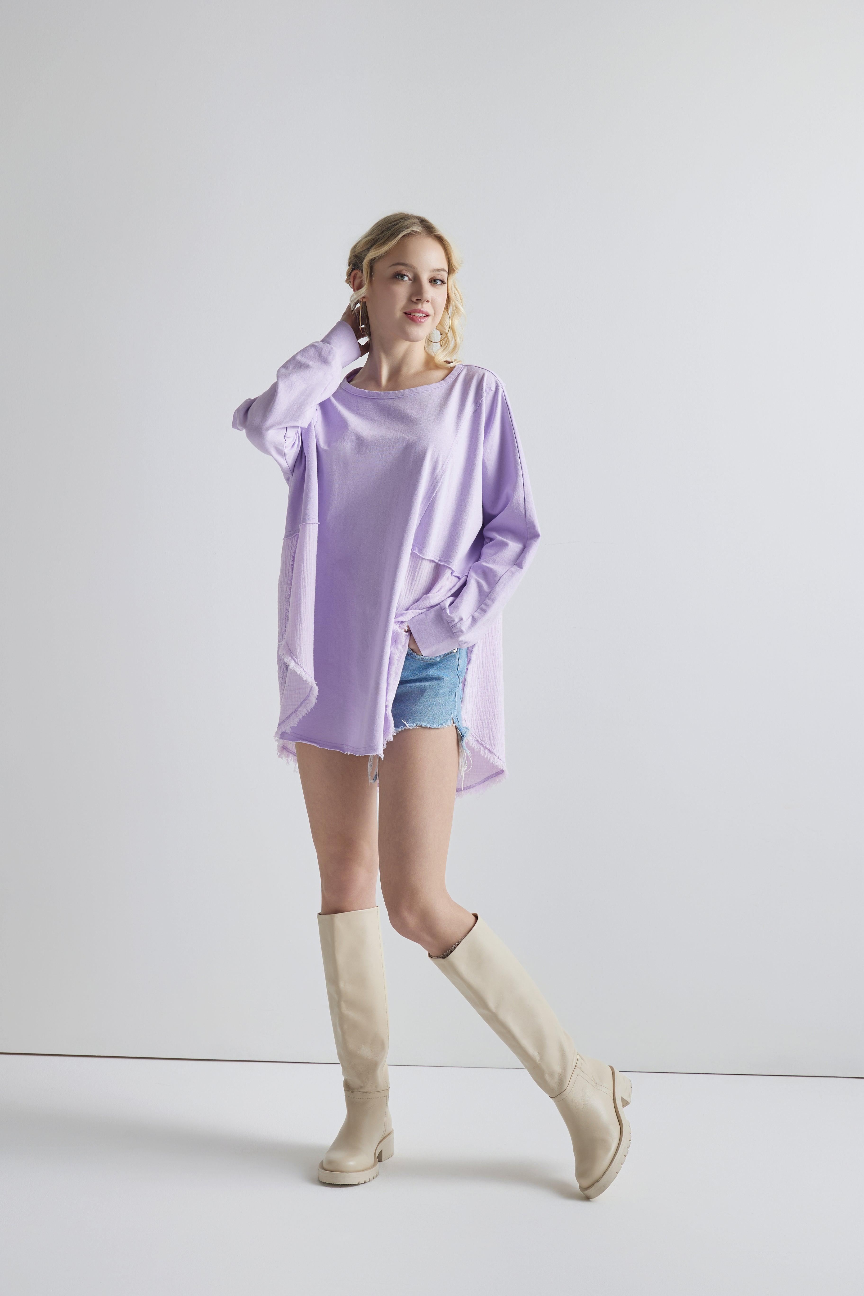 100% Cotton Comfy Oversized Round Side Slit Contrast Top - Lavender - noflik