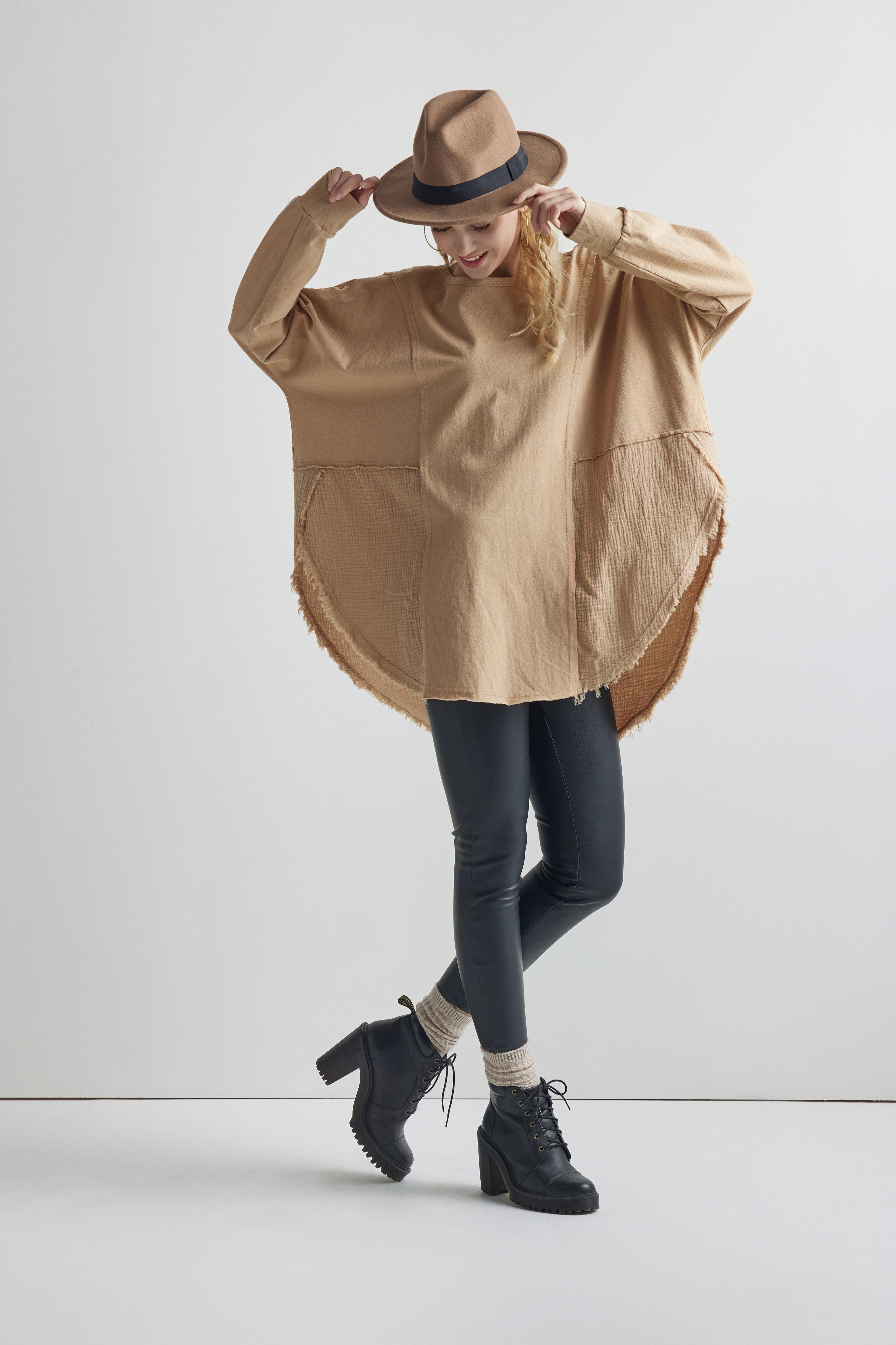 100% Cotton Comfy Oversized Round Side Slit Contrast Top - Taupe - noflik