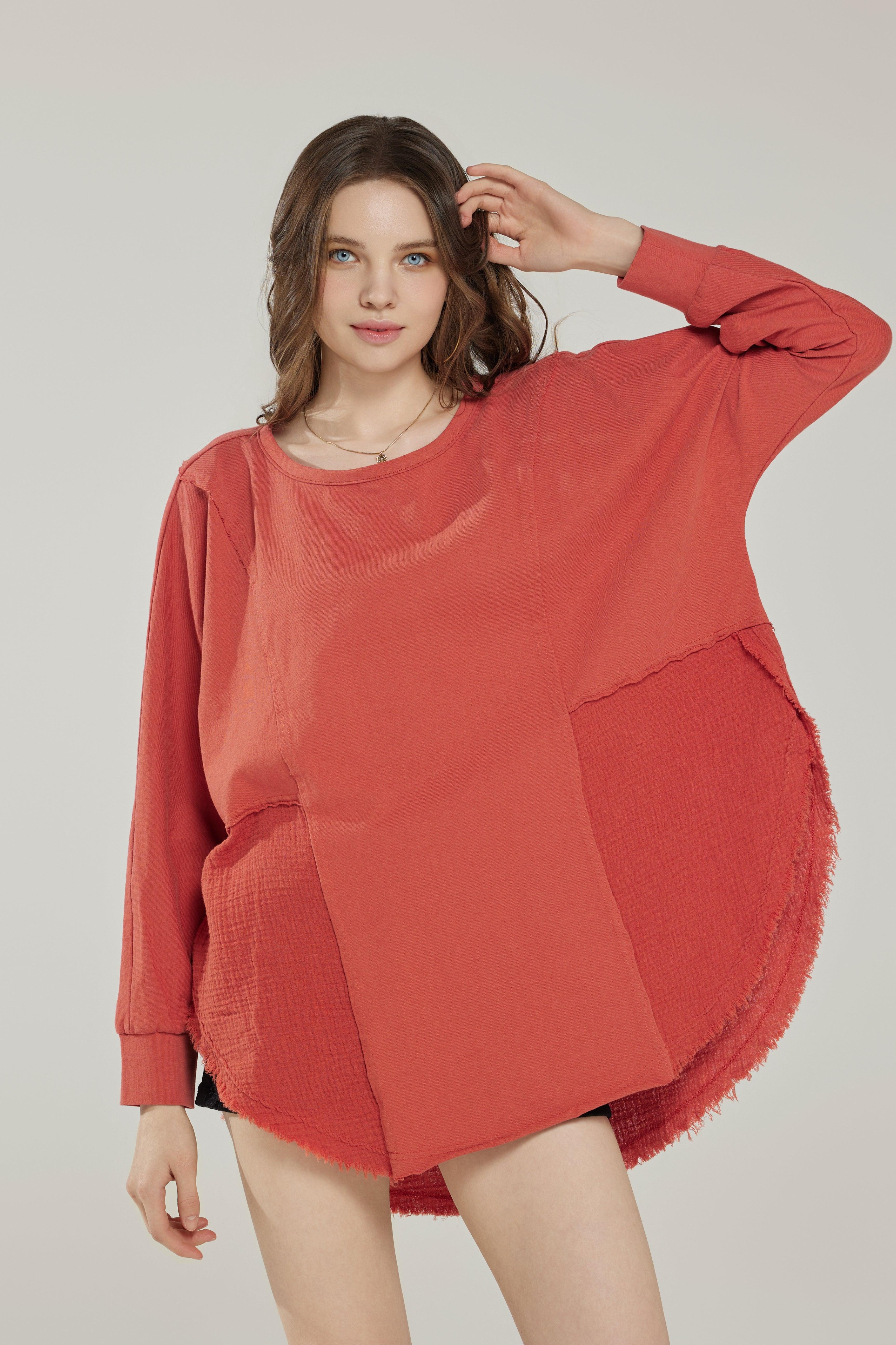 100% Cotton Comfy Oversized Round Side Slit Contrast Top - Terracotta - noflik