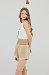 100% Cotton Mineral Wash High Rise Wide Elastic Waistband Smocked Relaxed Fit Shorts with Pockets - Sand - noflik