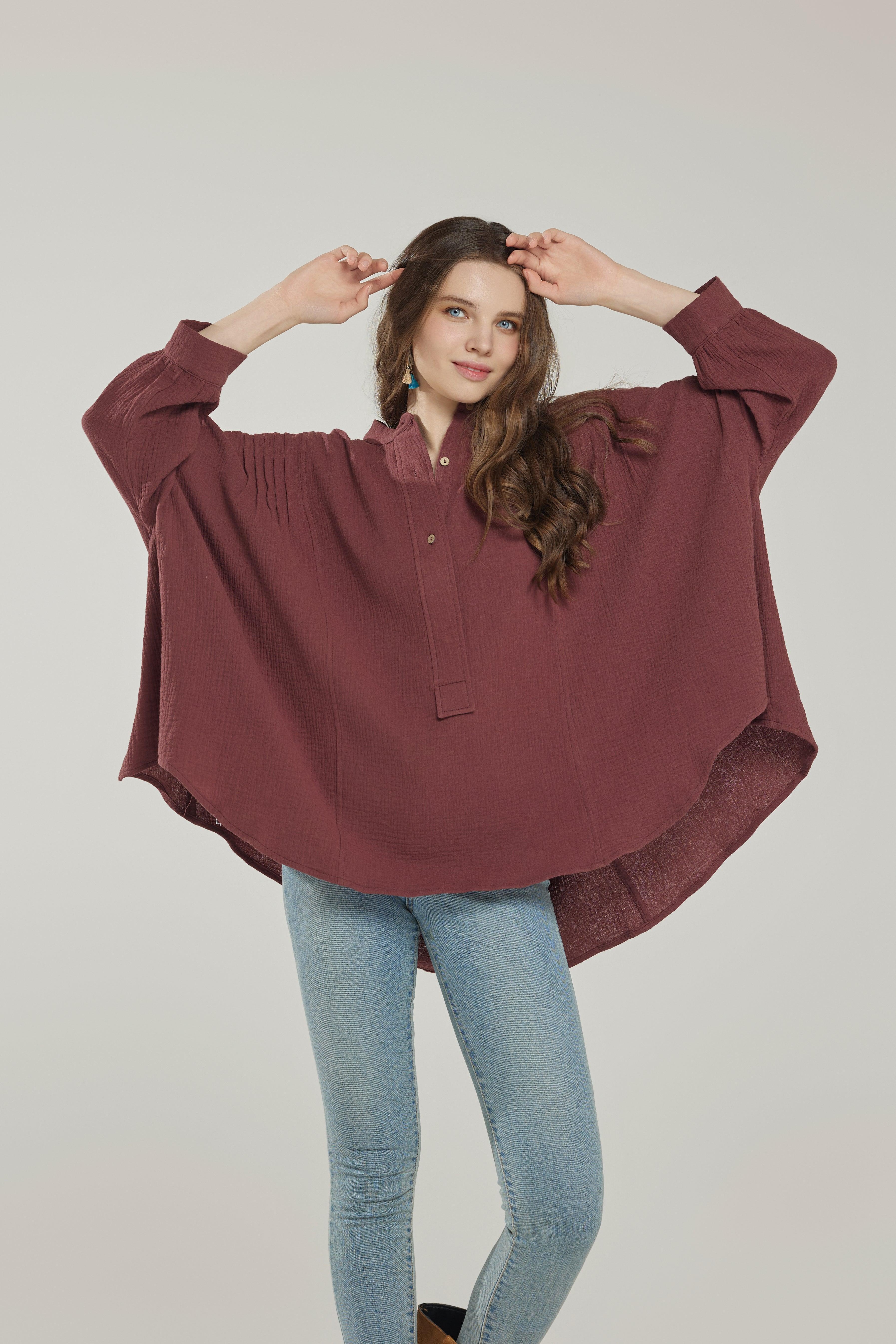 100% Cotton Oversized Pleat detail Ballon sleeve High and low Top - Cacao - noflik