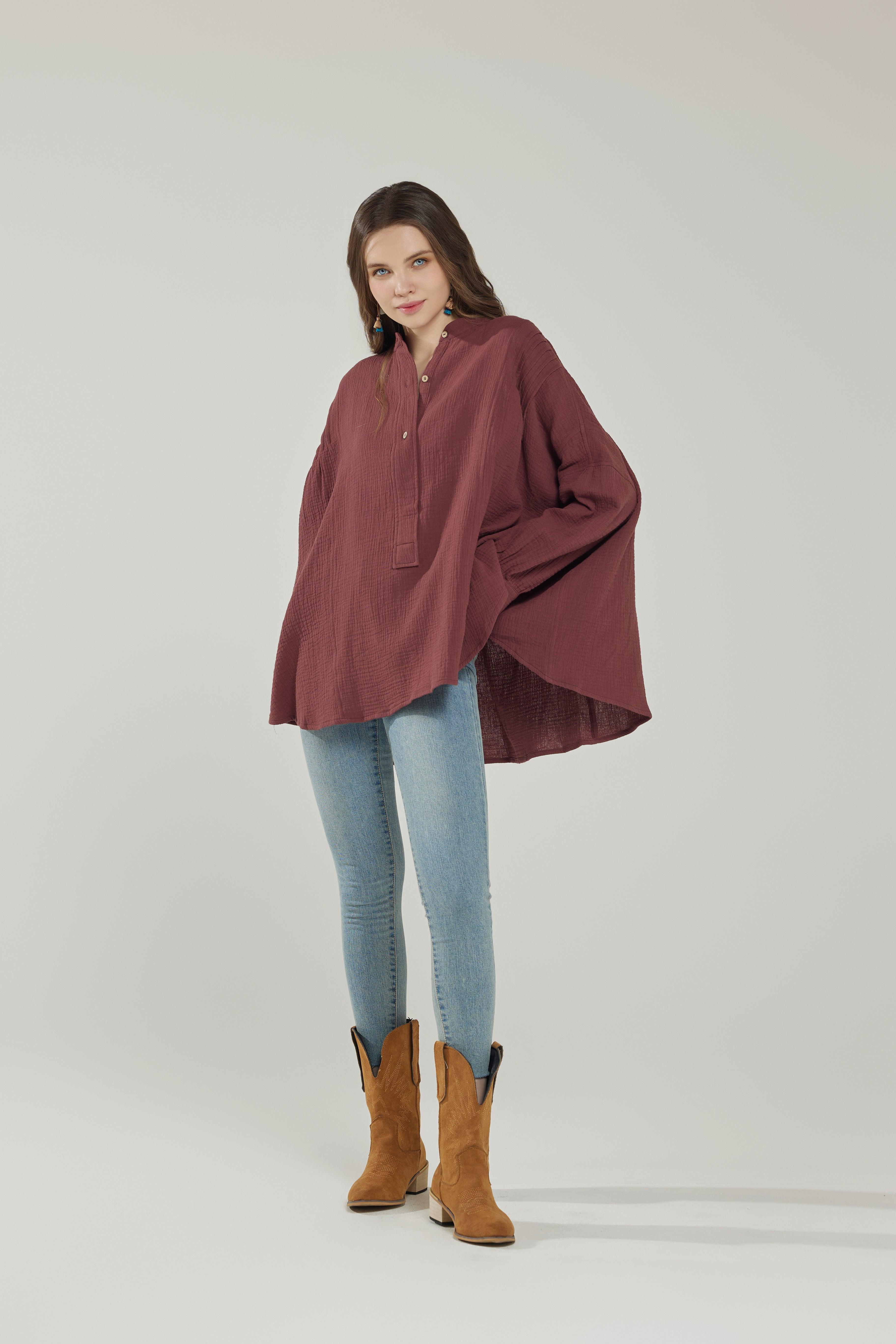 100% Cotton Oversized Pleat detail Ballon sleeve High and low Top - Cacao - noflik