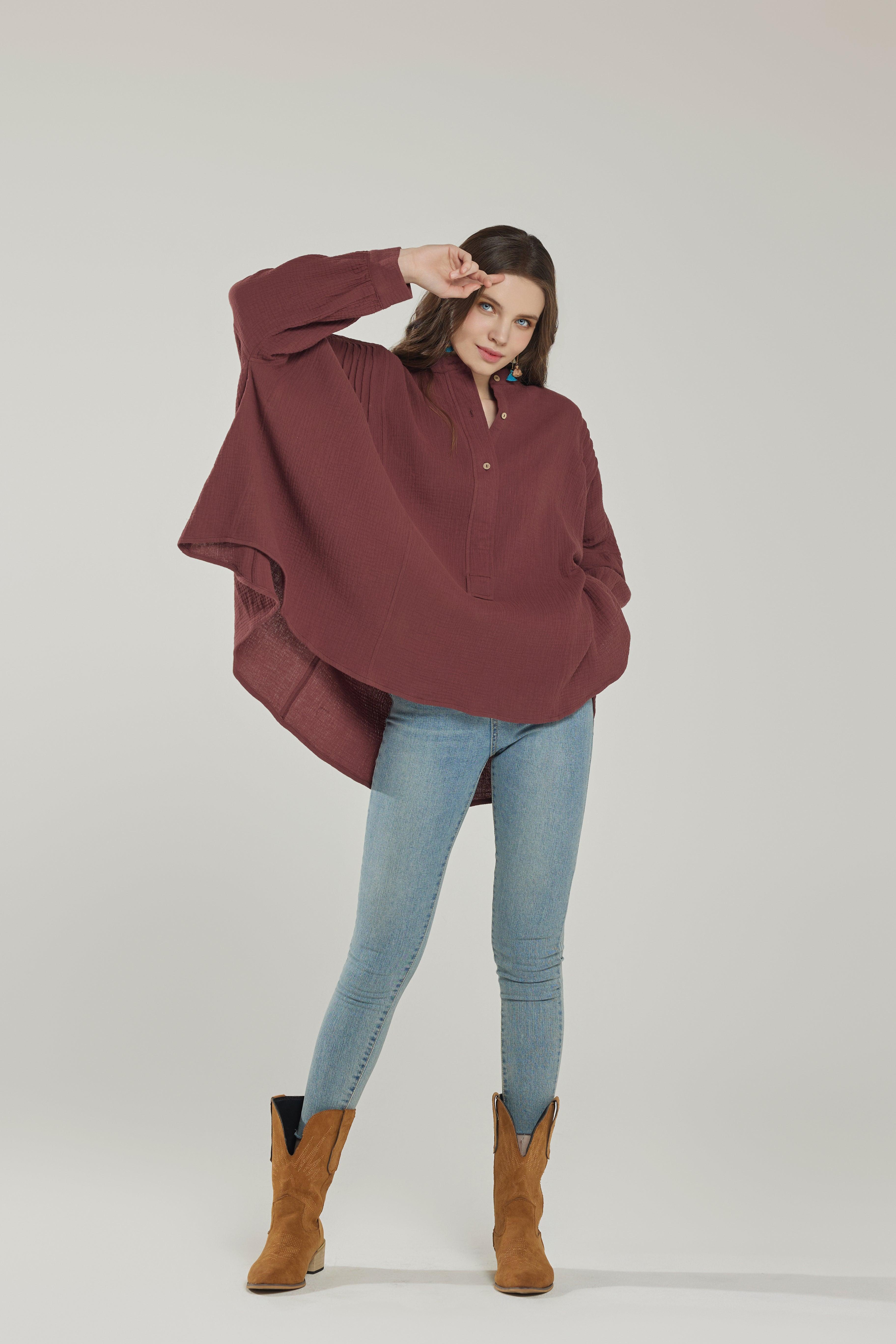 100% Cotton Oversized Pleat detail Ballon sleeve High and low Top - Cacao - noflik
