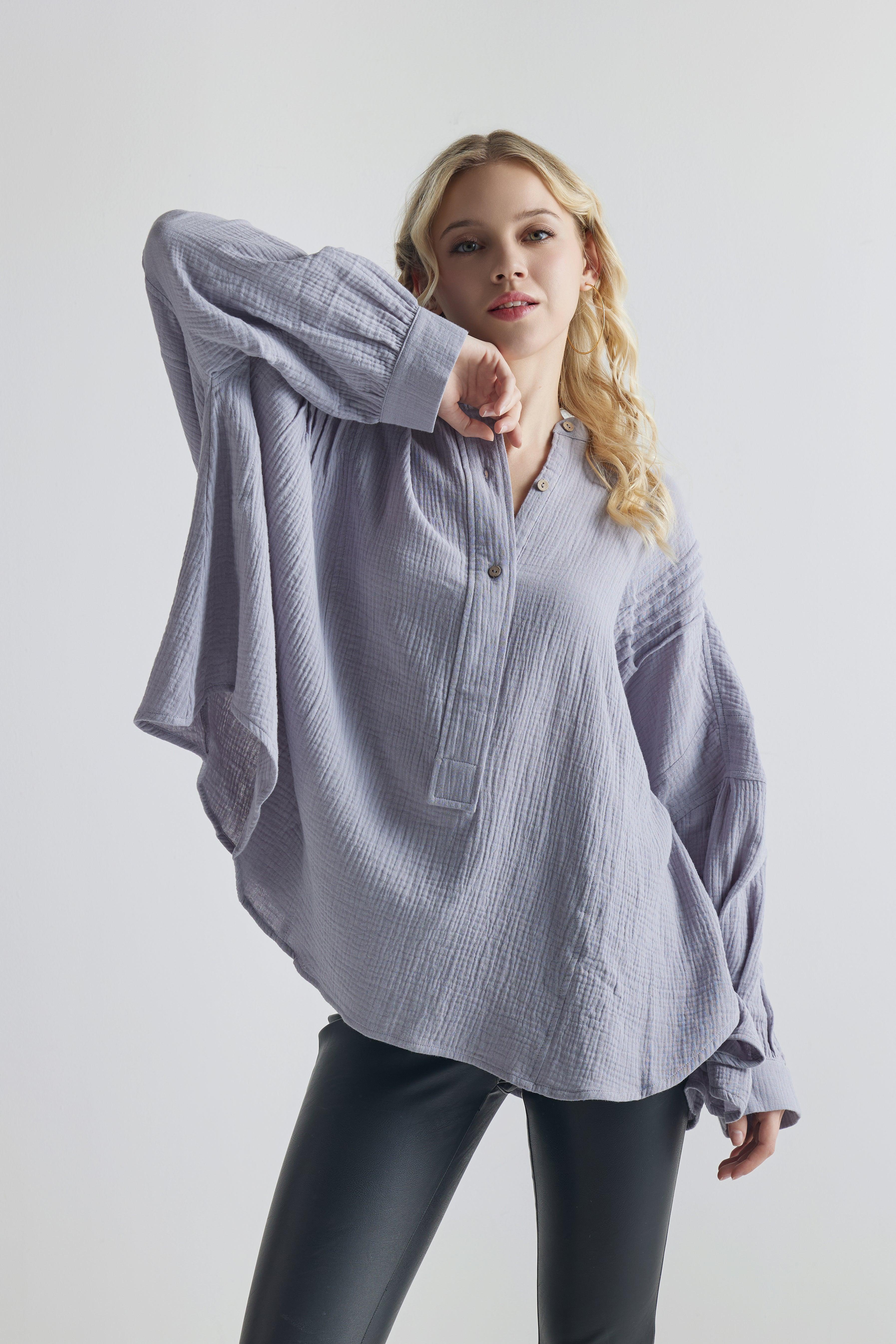 100% Cotton Oversized Pleat detail Ballon sleeve High and low Top - Grey - noflik