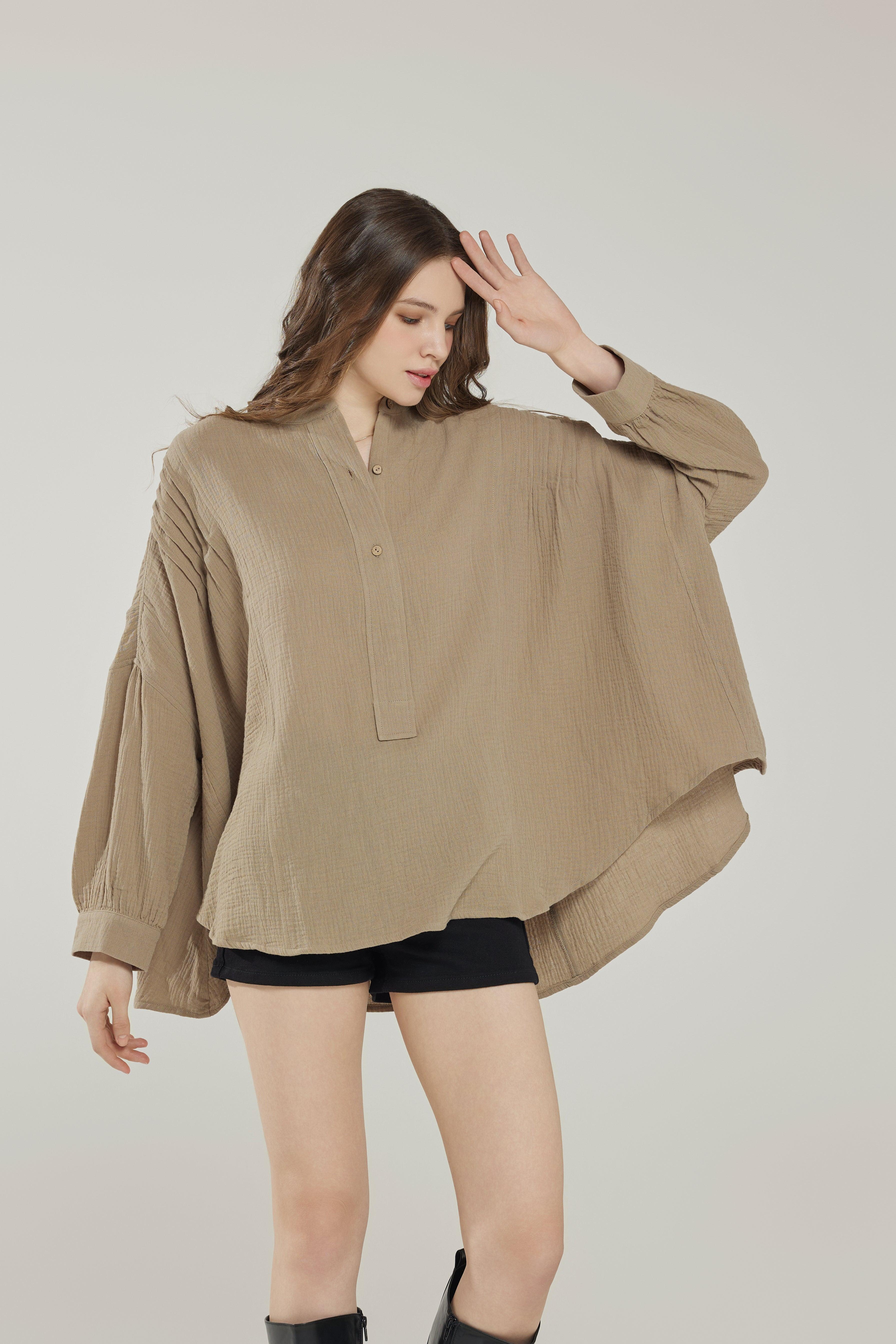 100% Cotton Oversized Pleat detail Ballon sleeve High and low Top - Taupe - noflik