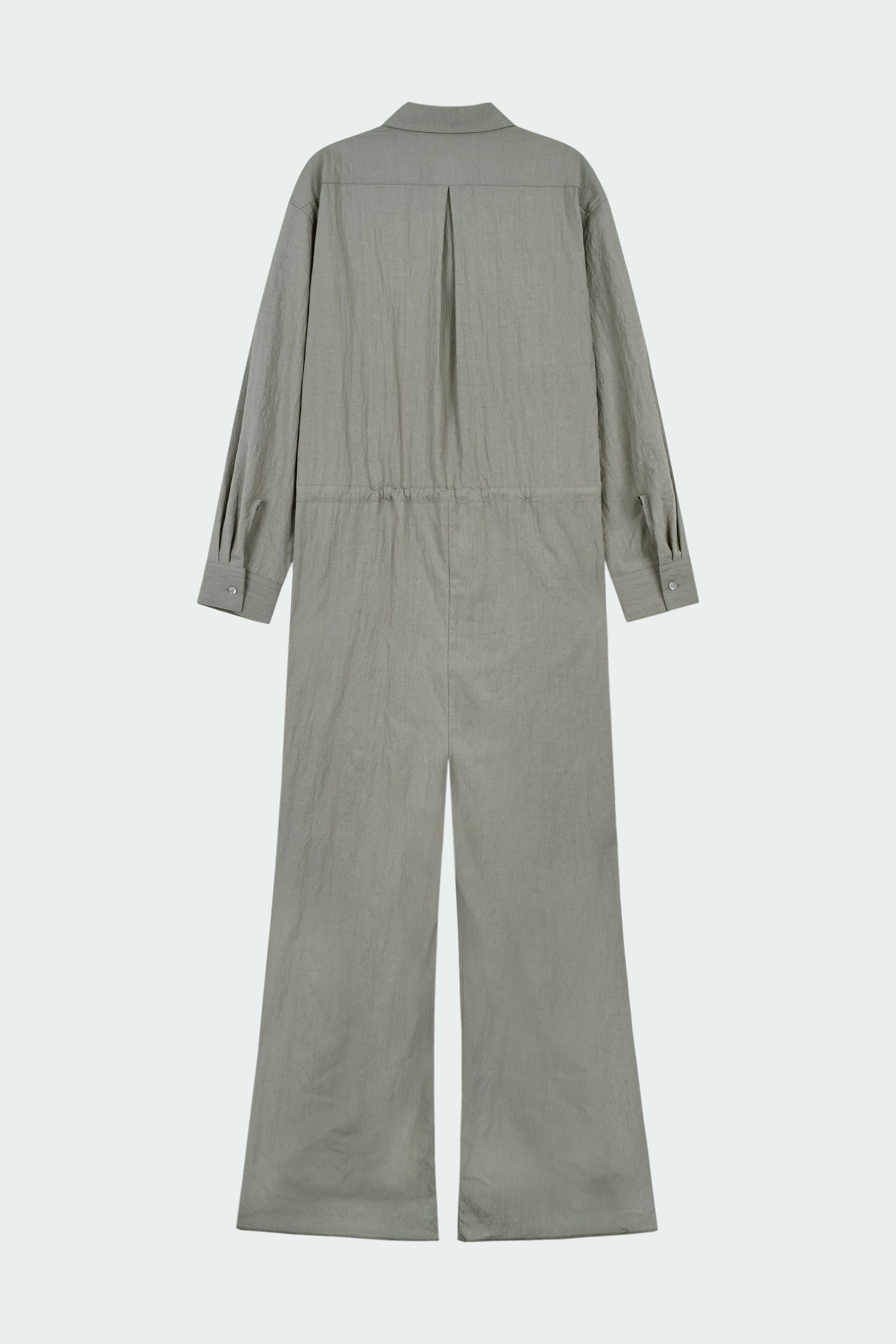 Saige Jumpsuit in khaki gray, long-sleeve rayon blend jumpsuit with point collar, front button closure, drawstring waist, and patch pockets.