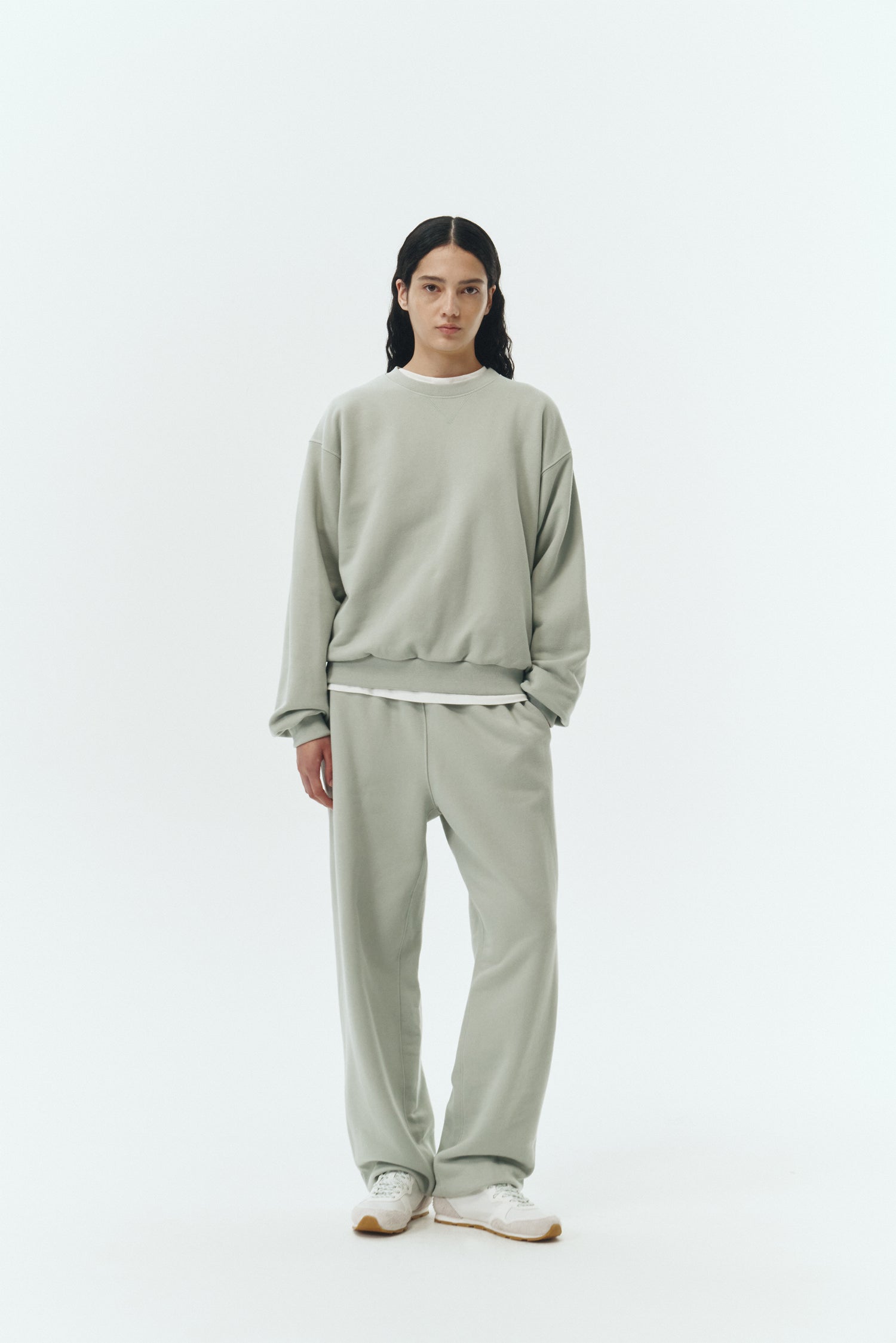 Willow Sweatpants in pistachio, soft French terry cotton with drawstring waistband, side pockets, and elastic cuffs, regular fit, part of a set