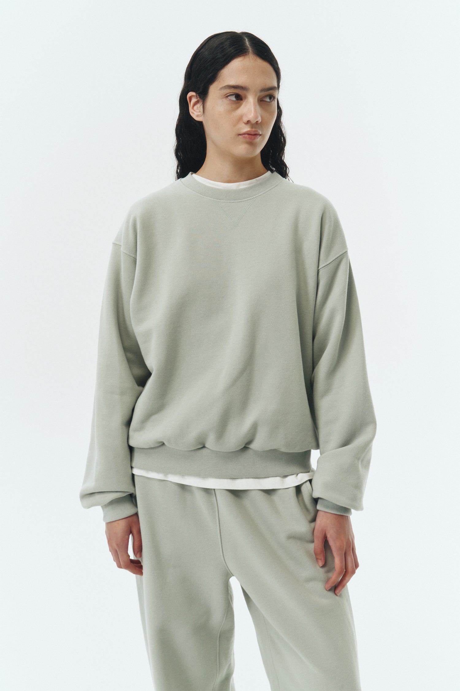 Willow Sweatshirt in pistachio, a soft cotton French terry pullover with a crew neck, V-stitch detail, ribbed trims, and a relaxed fit, designed for everyday comfort