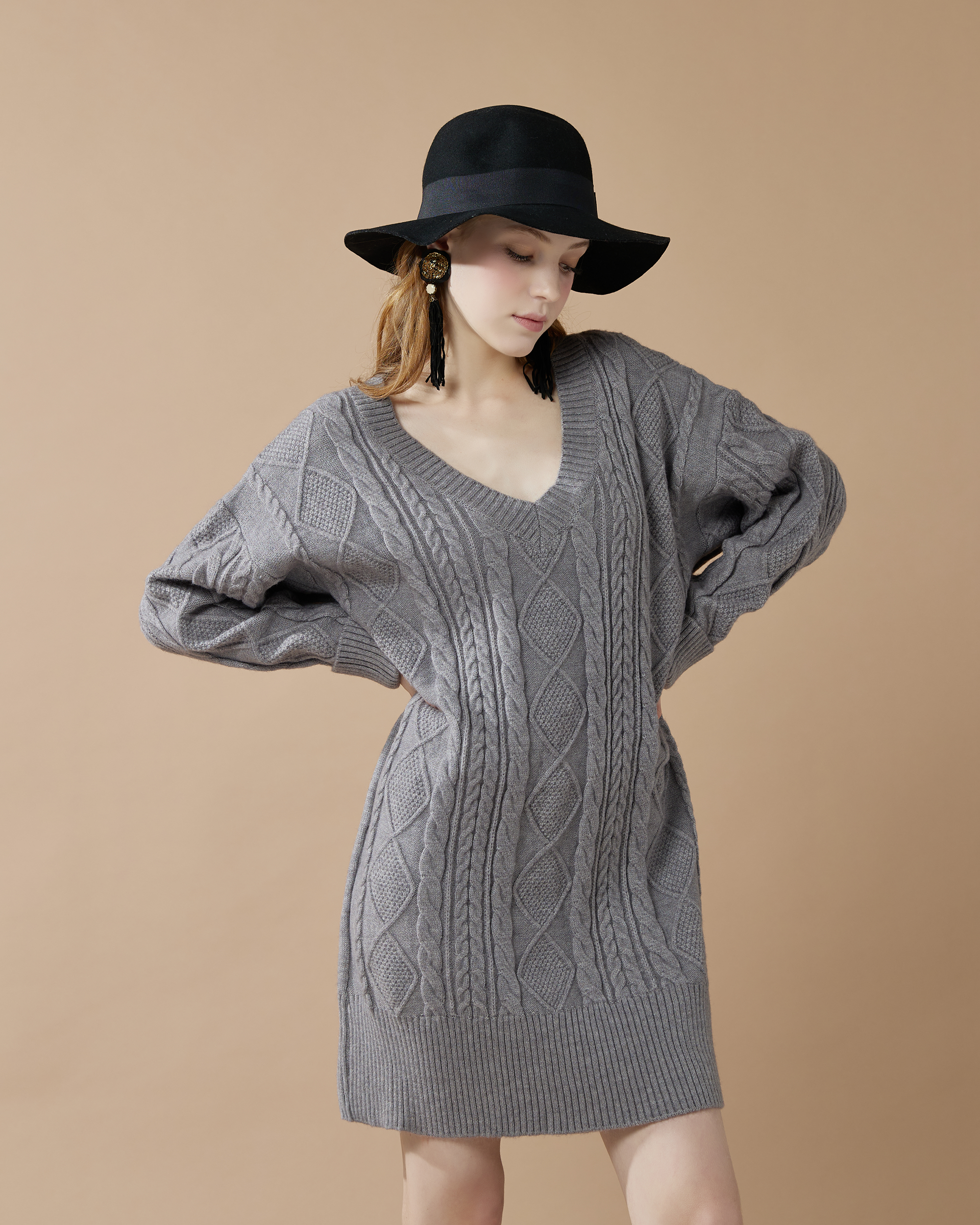 V-Neck Cable Knit Sweater Dress - Grey