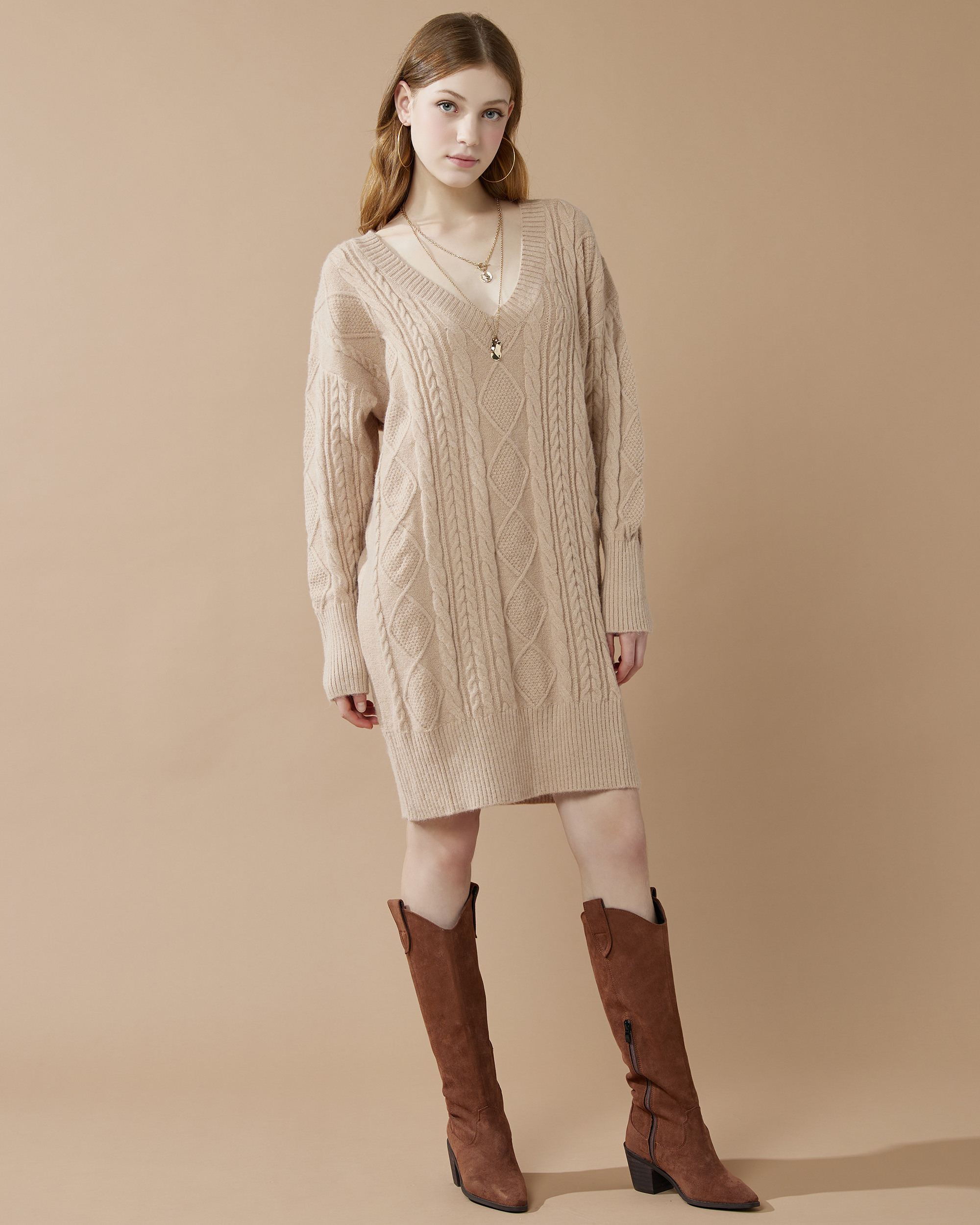 V-Neck Cable Knit Sweater Dress - Sand