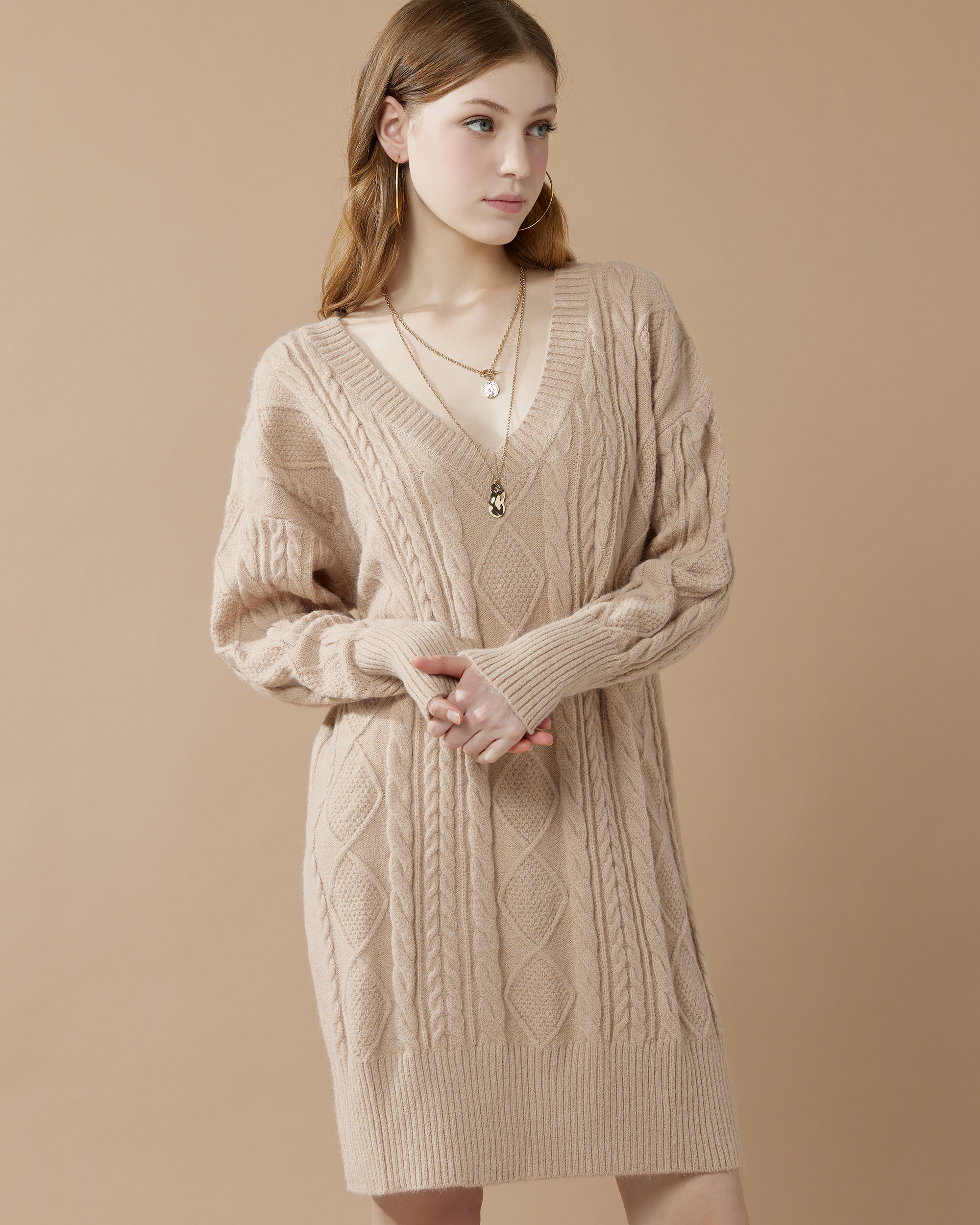 V-Neck Cable Knit Sweater Dress - Sand