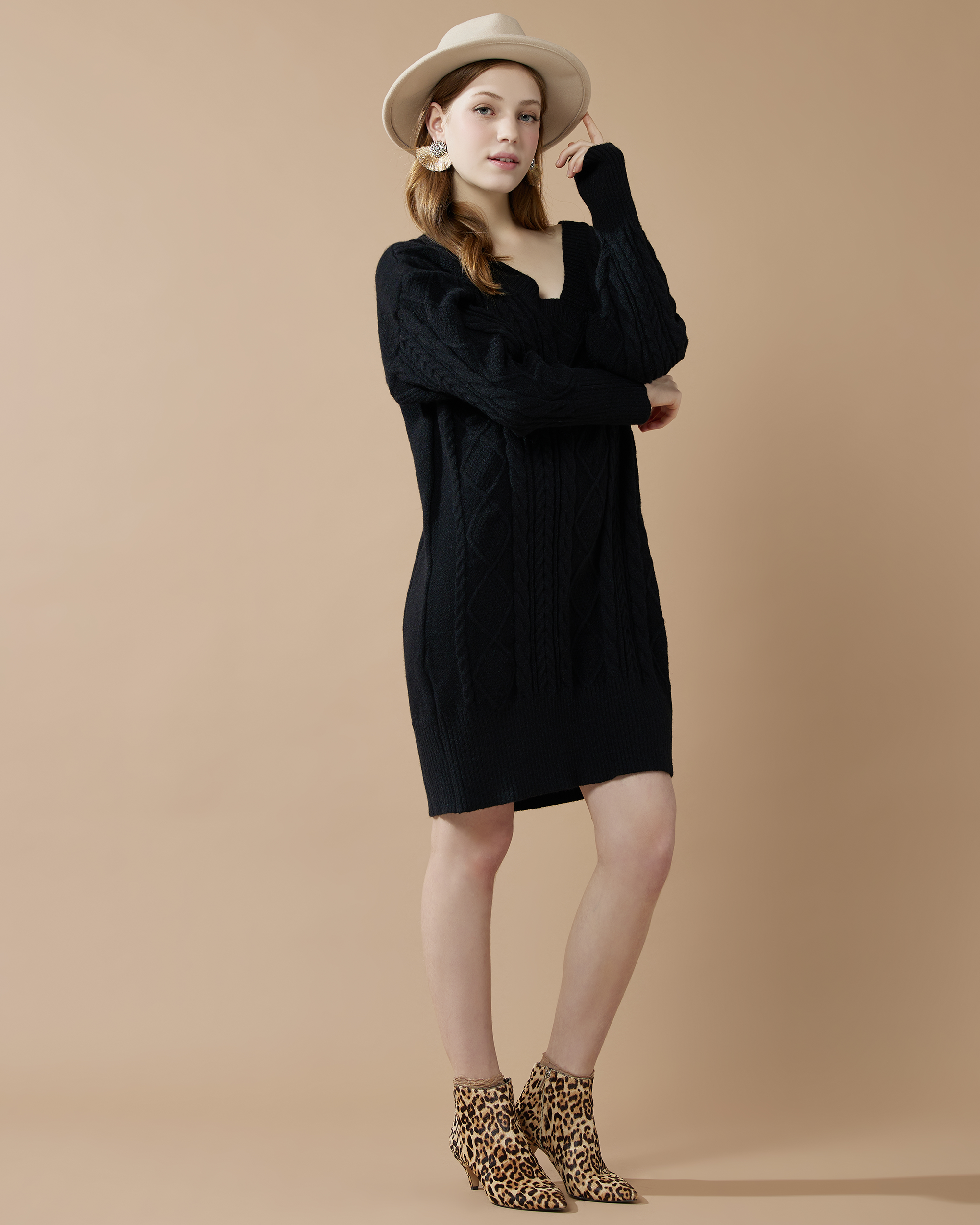 V-Neck Cable Knit Sweater Dress - Black