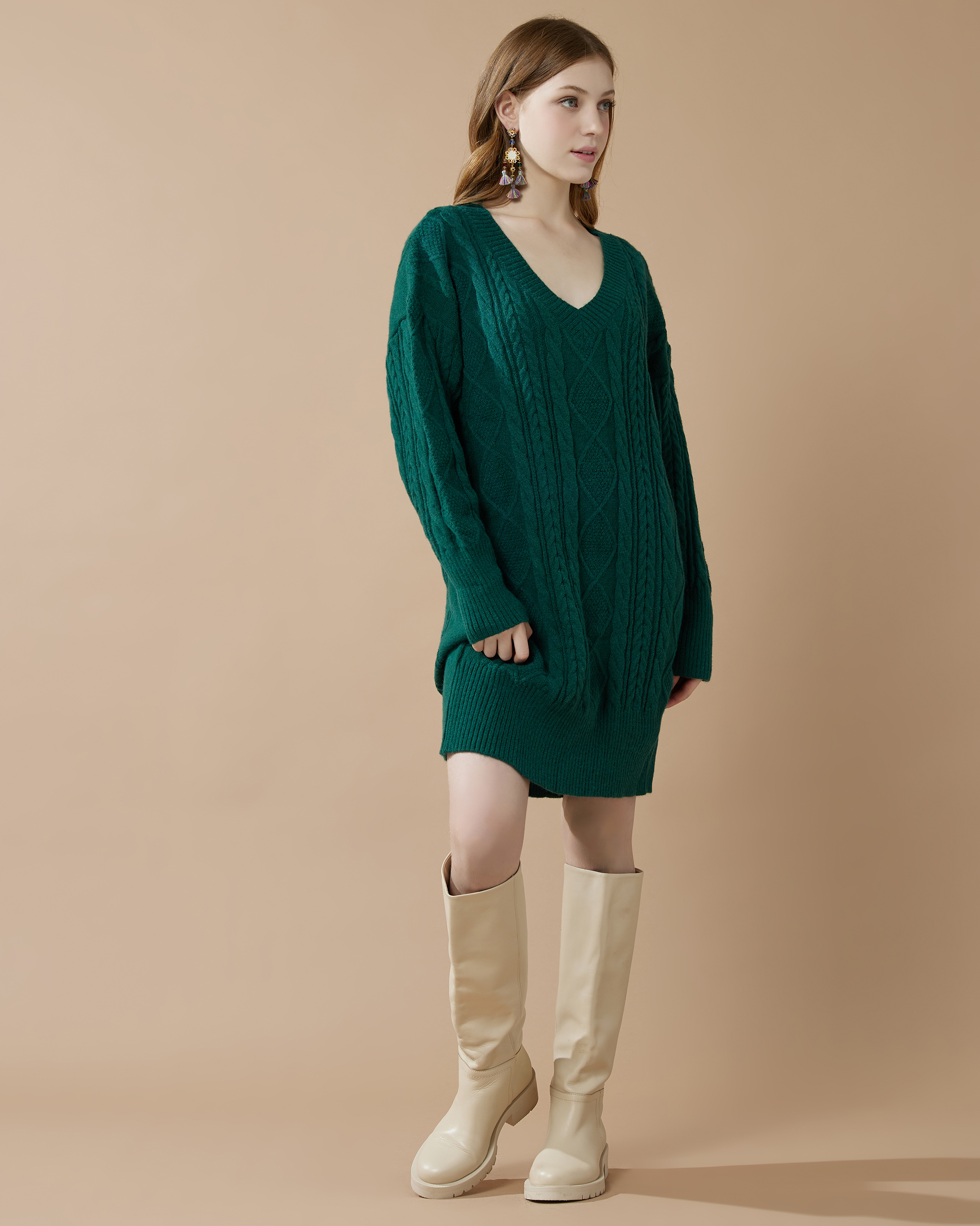 V-Neck Cable Knit Sweater Dress - Hunter Green