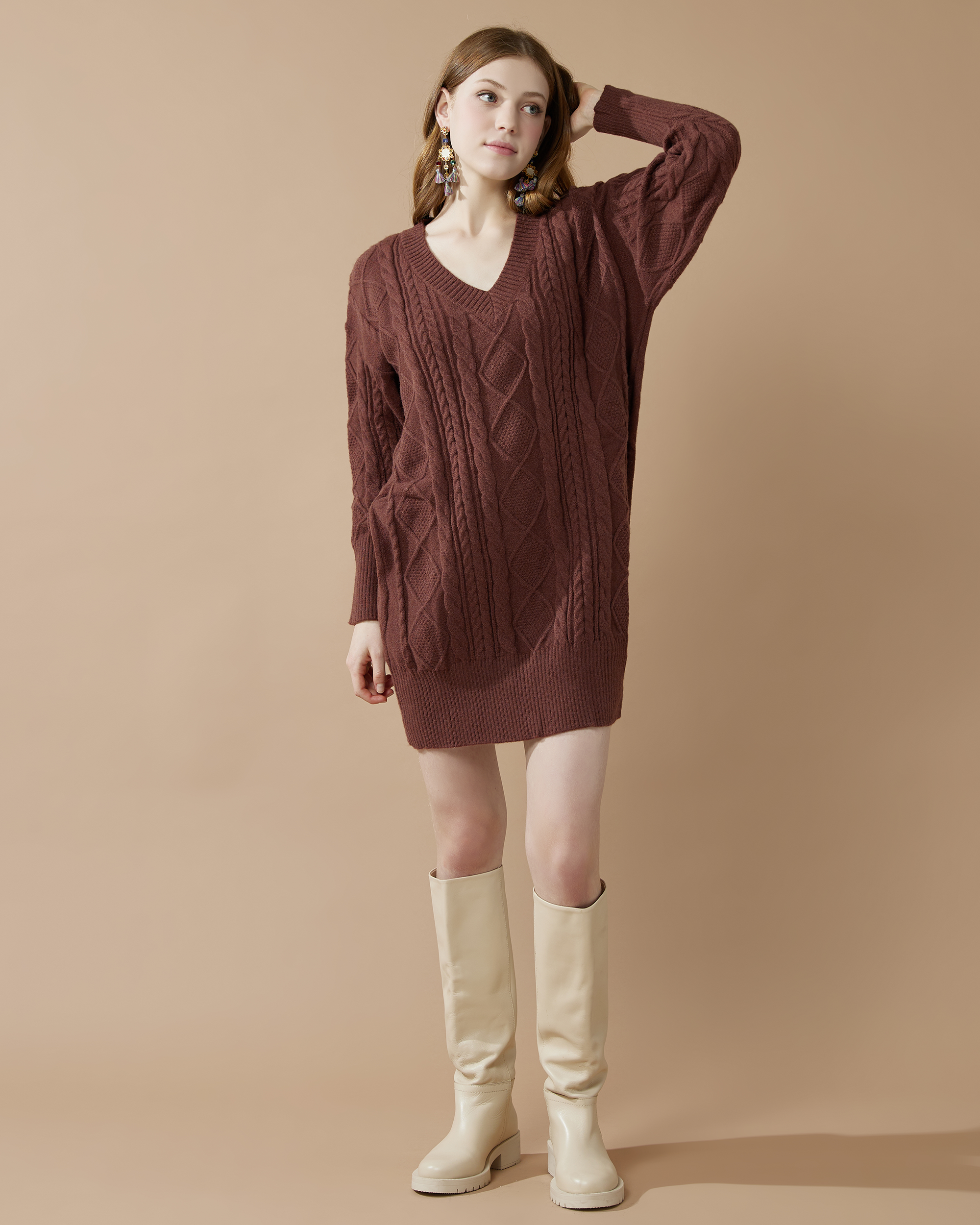 V-Neck Cable Knit Sweater Dress - Chocolate