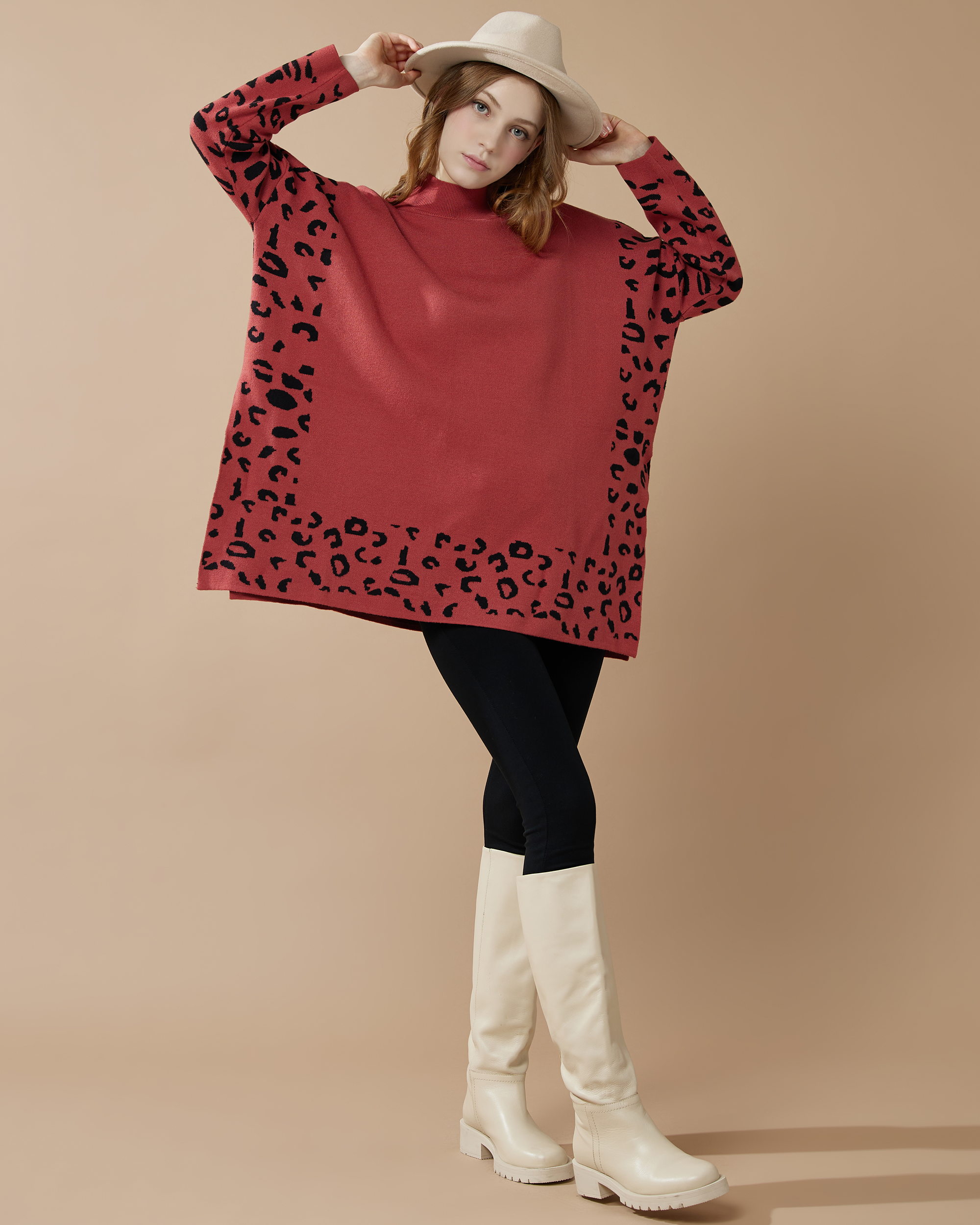 Mock Neck Leopard Print Sweater - Marsala/Black