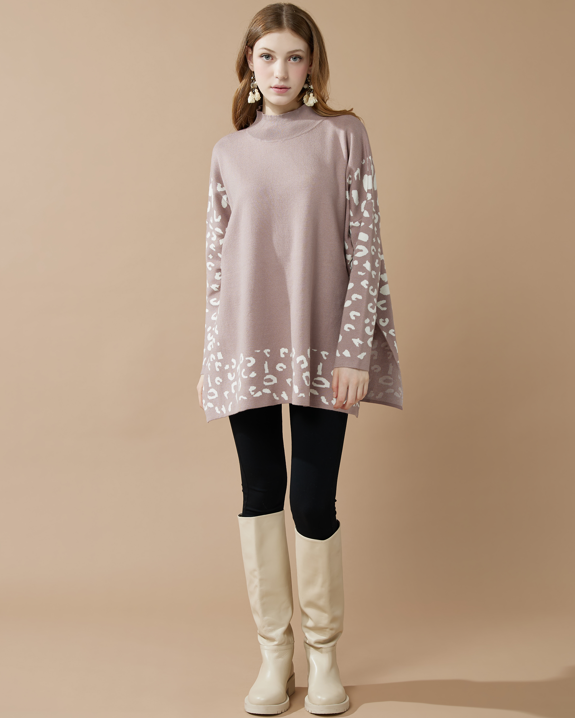 Mock Neck Leopard Print Sweater - Coco/Off White