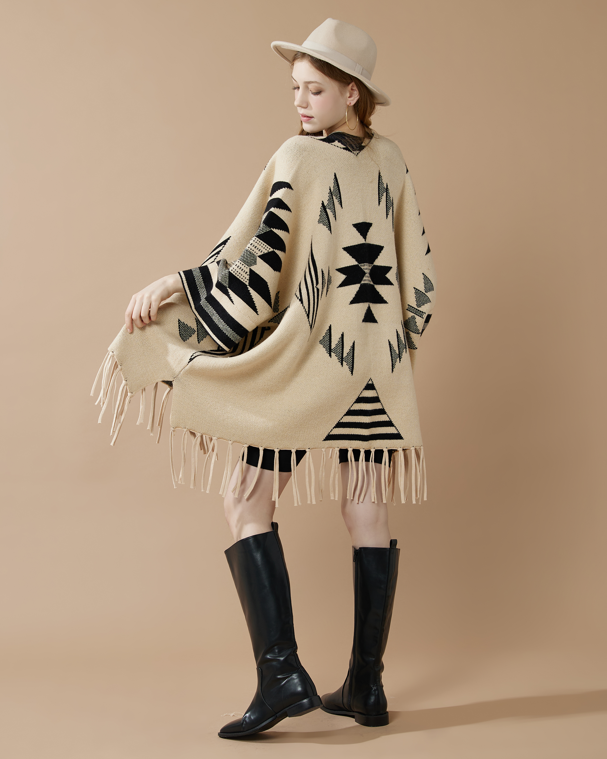 Aztec Fringed Ruana Poncho Sweater Cardigan - Natural